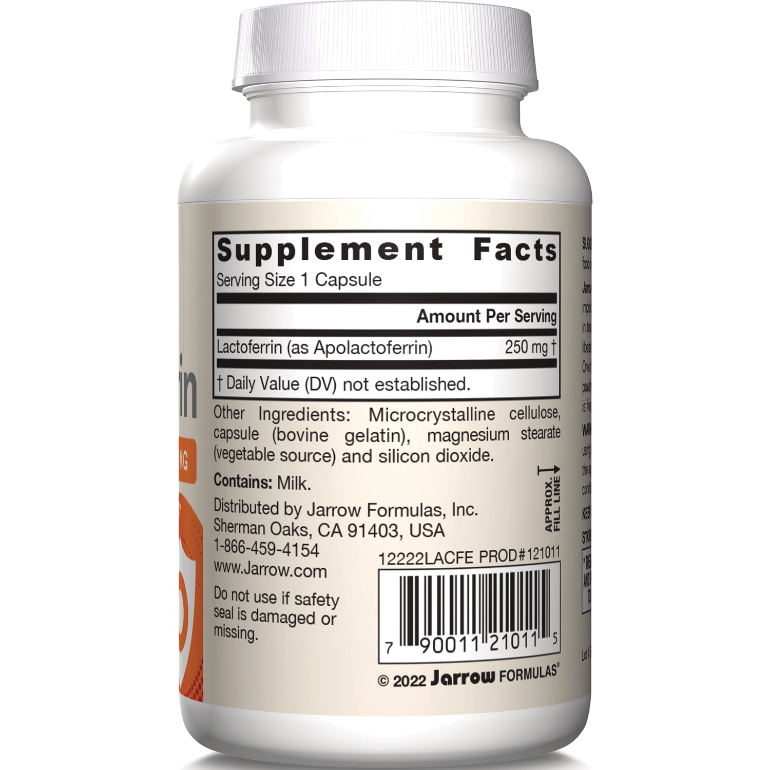 JR321 | Supplement Facts label listing Lactoferrin 250 mg, other ingredients, barcode and distributor information