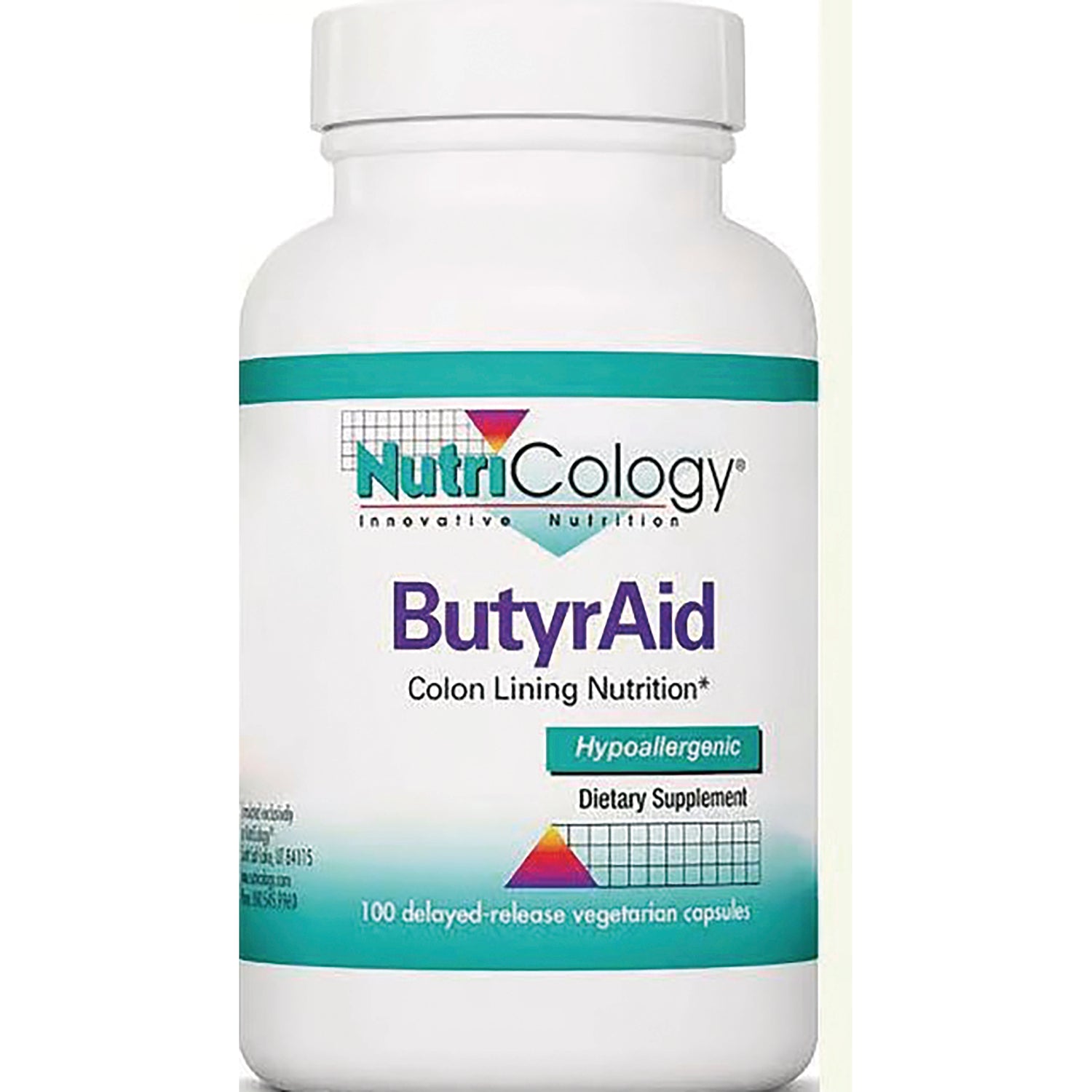 NCL049 | Nutricology ButyrAid dietary supplement bottle, colon lining nutrition, hypoallergenic, 100 delayed-release vegetarian capsules
