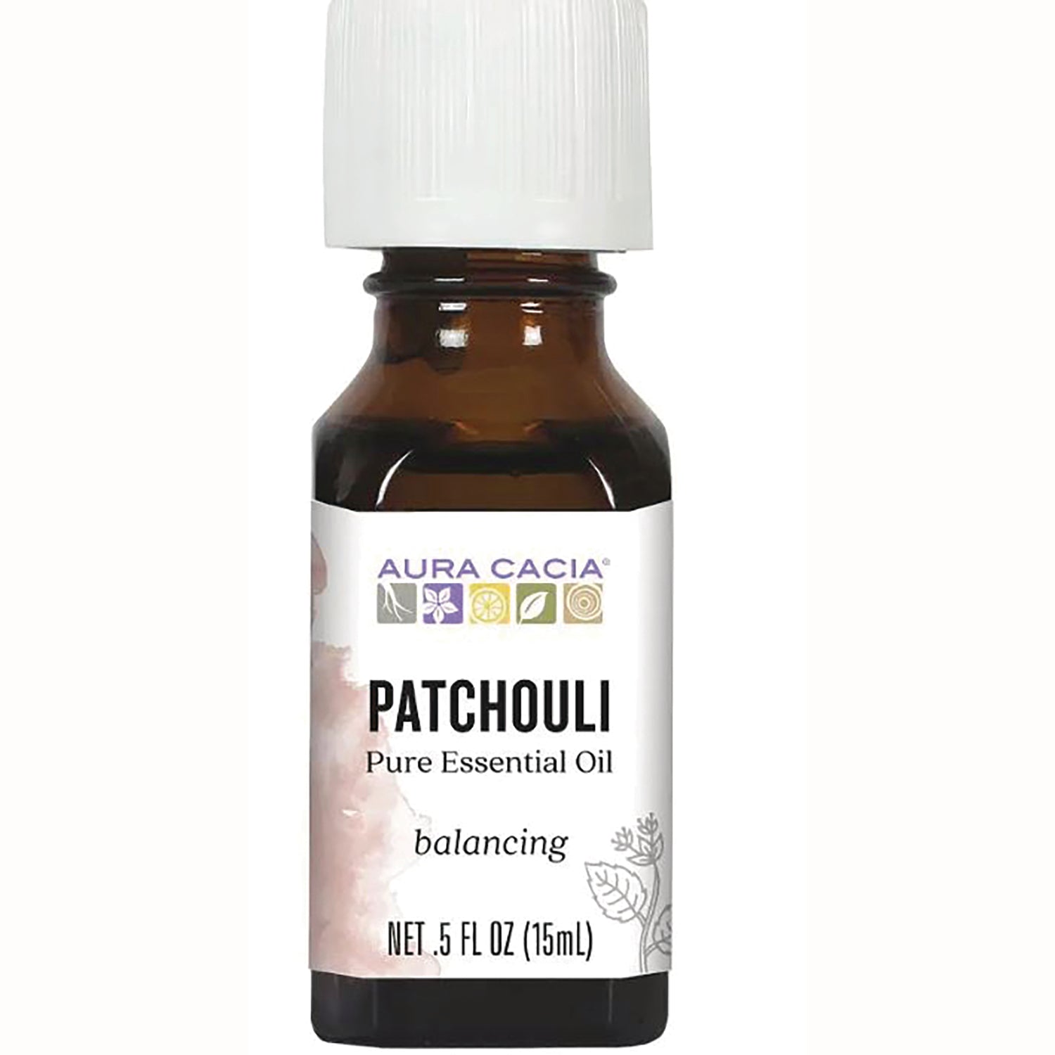 ARC012 | Amber 0.5 fl oz bottle of Aura Cacia Patchouli pure essential oil with white cap labeled balancing