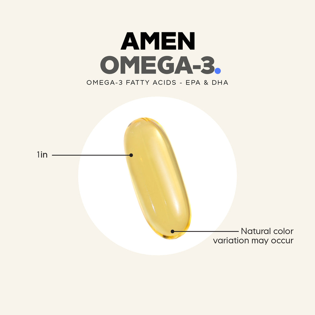 CDG051 | AMEN Omega-3 softgel with 1 in size reference and natural color variation note - Thumbnail