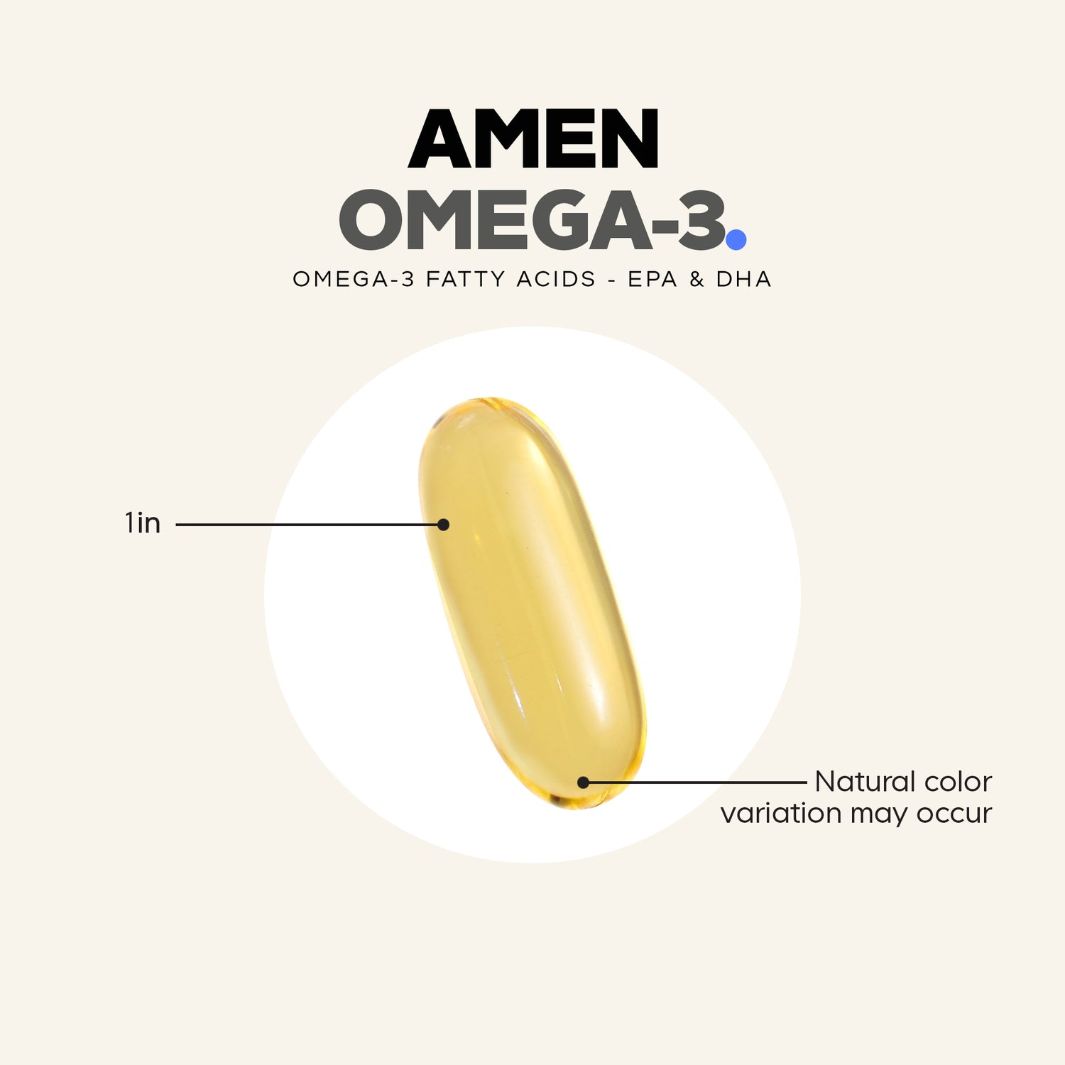 CDG051 | AMEN Omega-3 softgel with 1 in size reference and natural color variation note