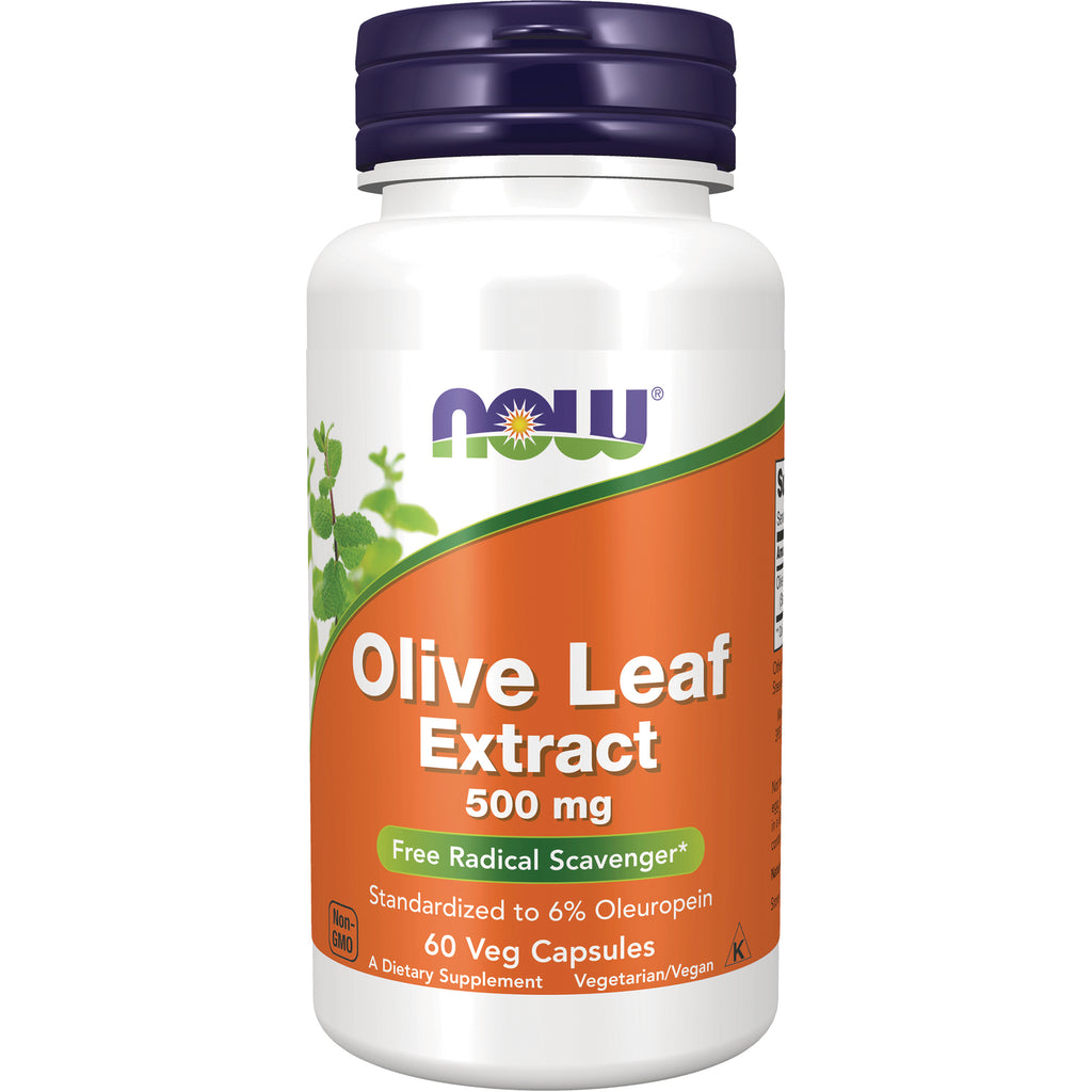 NWF337 | NOW Olive Leaf Extract 500 mg white bottle with orange label, front view showing brand and 60 Veg Capsules - Thumbnail