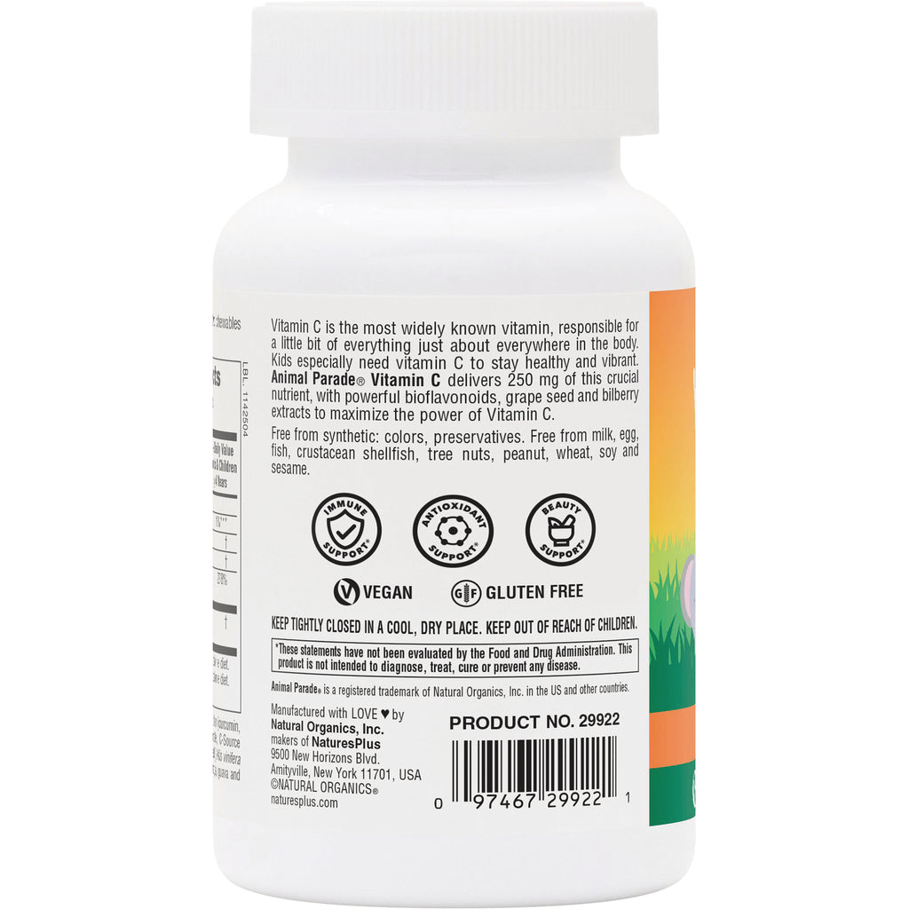 NTP261 | Back of white supplement bottle label showing Vitamin C description, vegan and gluten free icons and barcode - Thumbnail