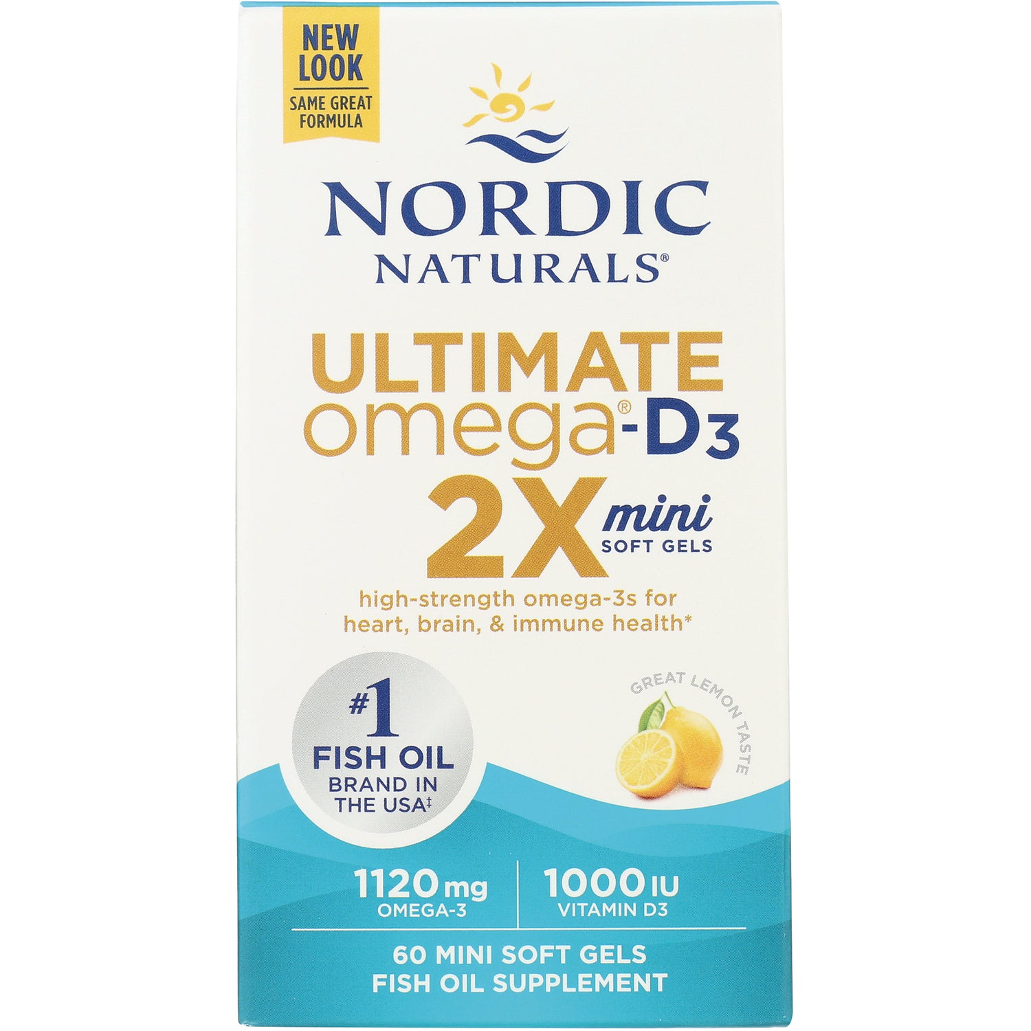 NRN086 | Nordic Naturals Ultimate Omega-D3 2X mini soft gels box, lemon, 1120 mg omega-3, 1000 IU vitamin D3, 60 mini soft gels