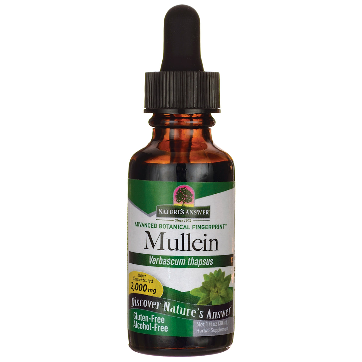 NAT061 | Brown glass dropper bottle labeled Mullein Verbascum thapsus Nature's Answer herbal extract 1 fl oz