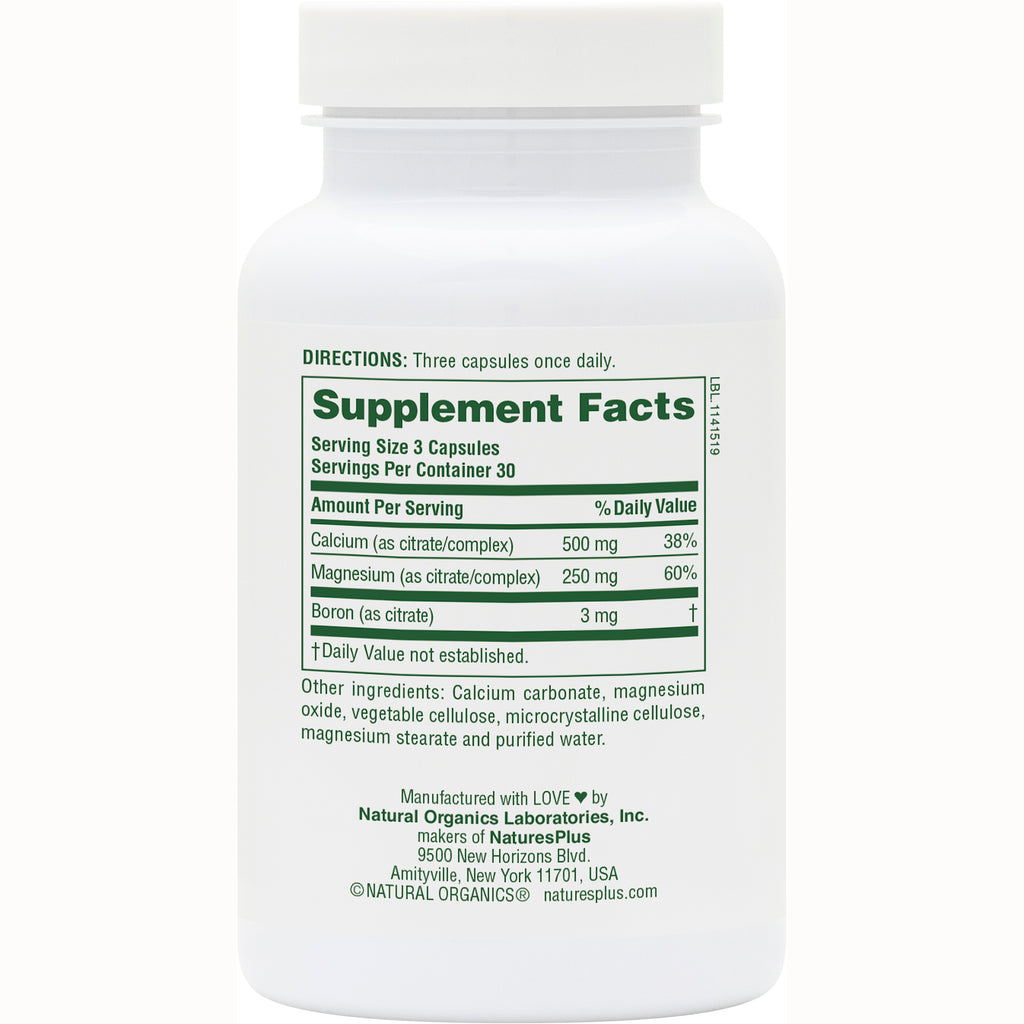 NTP066 | Back label with Supplement Facts showing serving size 3 capsules, calcium 500 mg, magnesium 250 mg, boron 3 mg - Thumbnail