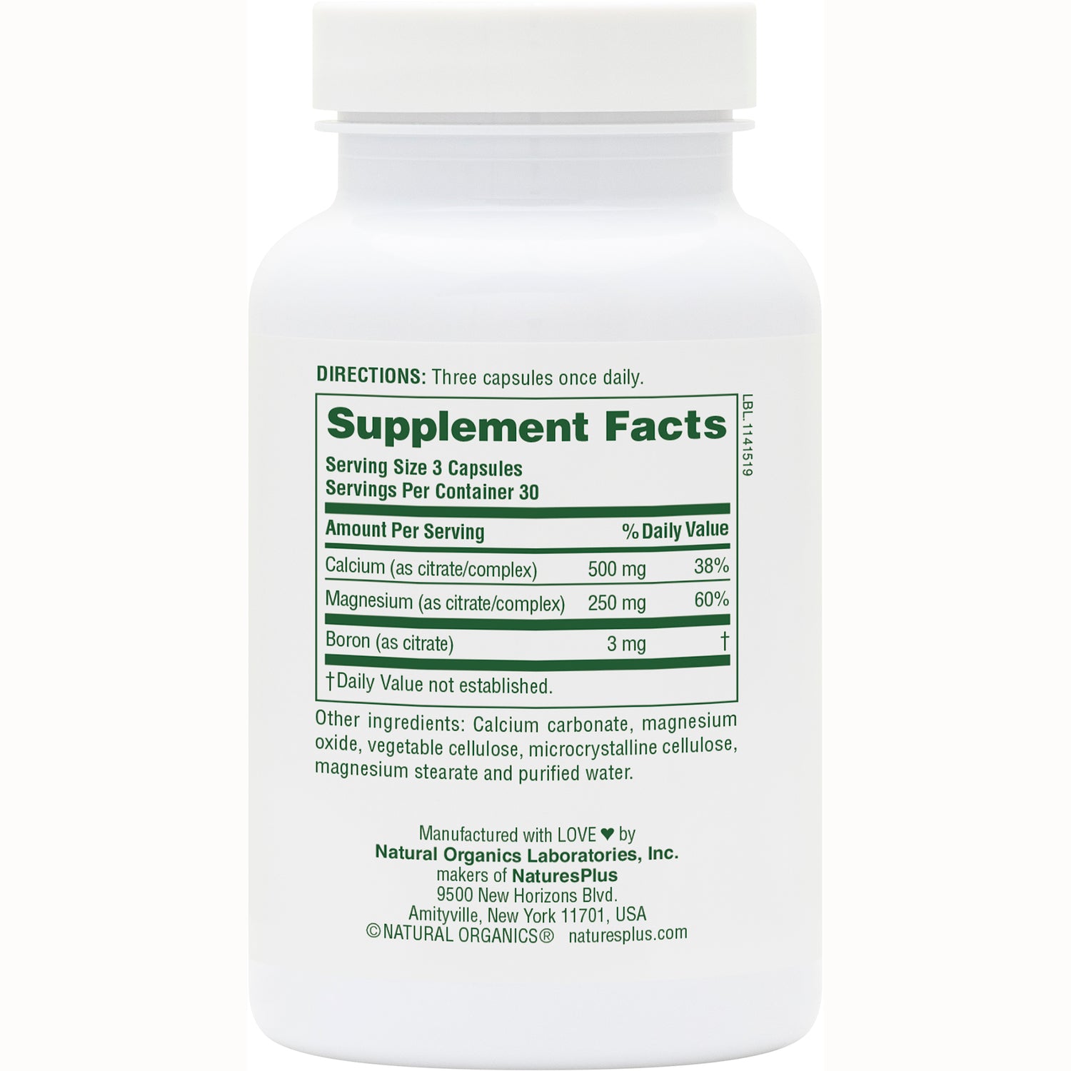 NTP066 | Back label with Supplement Facts showing serving size 3 capsules, calcium 500 mg, magnesium 250 mg, boron 3 mg