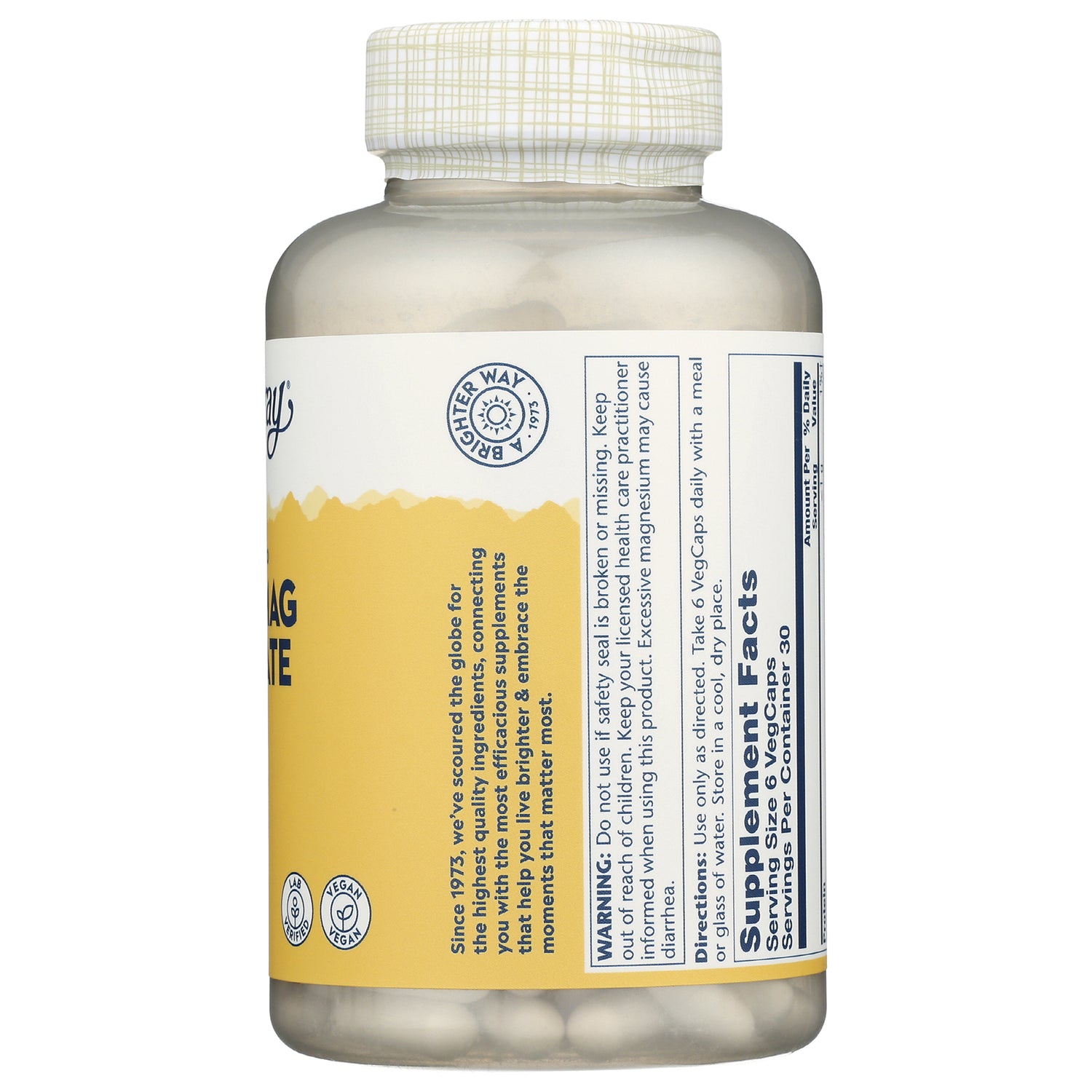 SLR280 | back of white supplement bottle with yellow label showing Supplement Facts panel, warnings, and veg caps visible