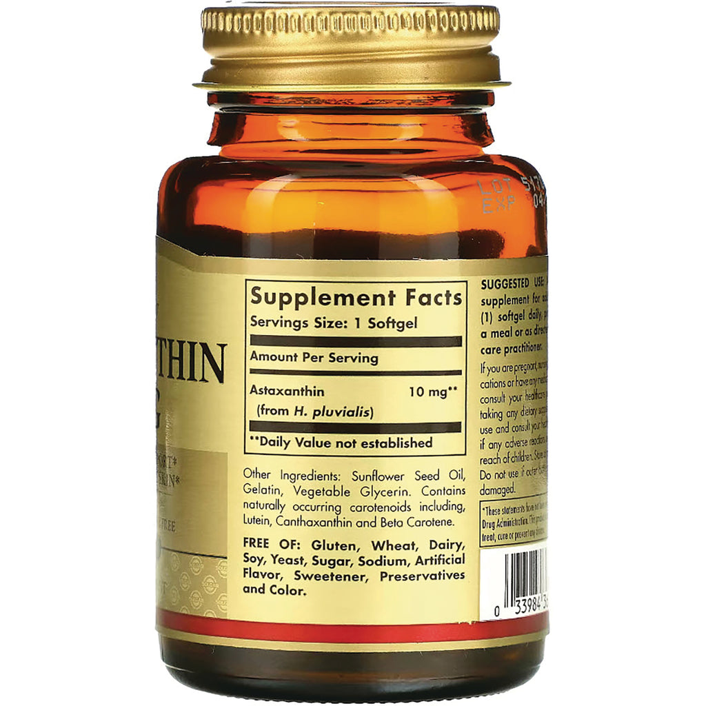 SLG320 | Back of amber supplement bottle showing Supplement Facts panel with Astaxanthin 10 mg, ingredient list and barcode - Thumbnail