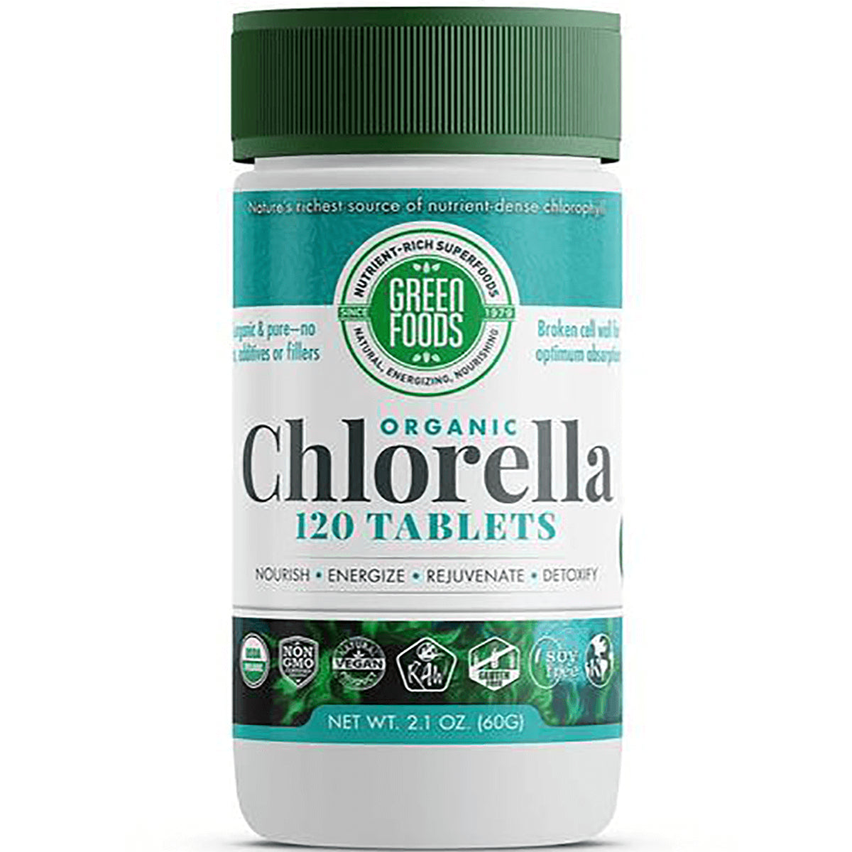 GM033 | Green Foods Organic Chlorella 120 tablets bottle with green cap and label showing certifications