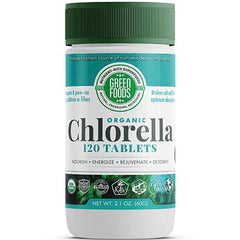 GM033 | Green Foods Organic Chlorella 120 tablets bottle with green cap and label showing certifications