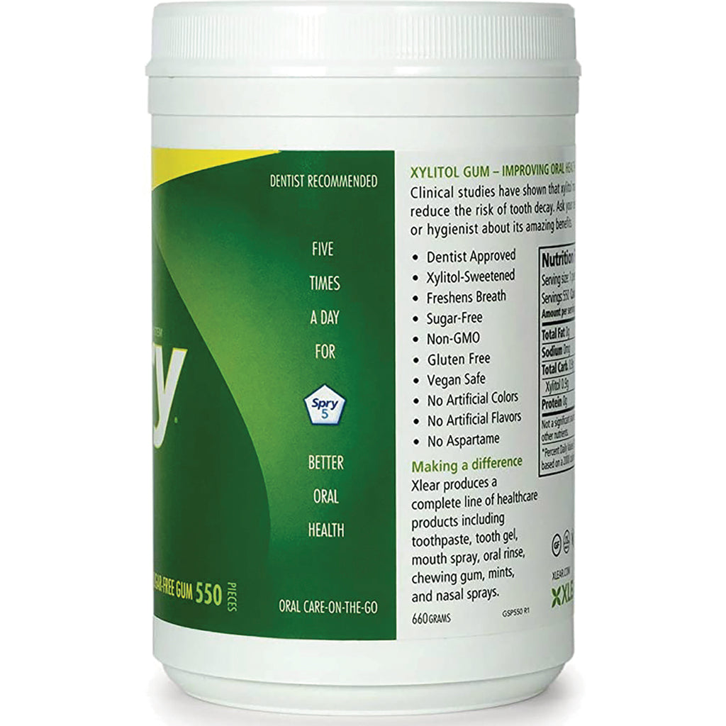 XL039 | Spry Xylitol Gum canister side showing benefits list: Dentist Approved, Sugar-Free, Non-GMO, Gluten Free, Vegan Safe - Thumbnail