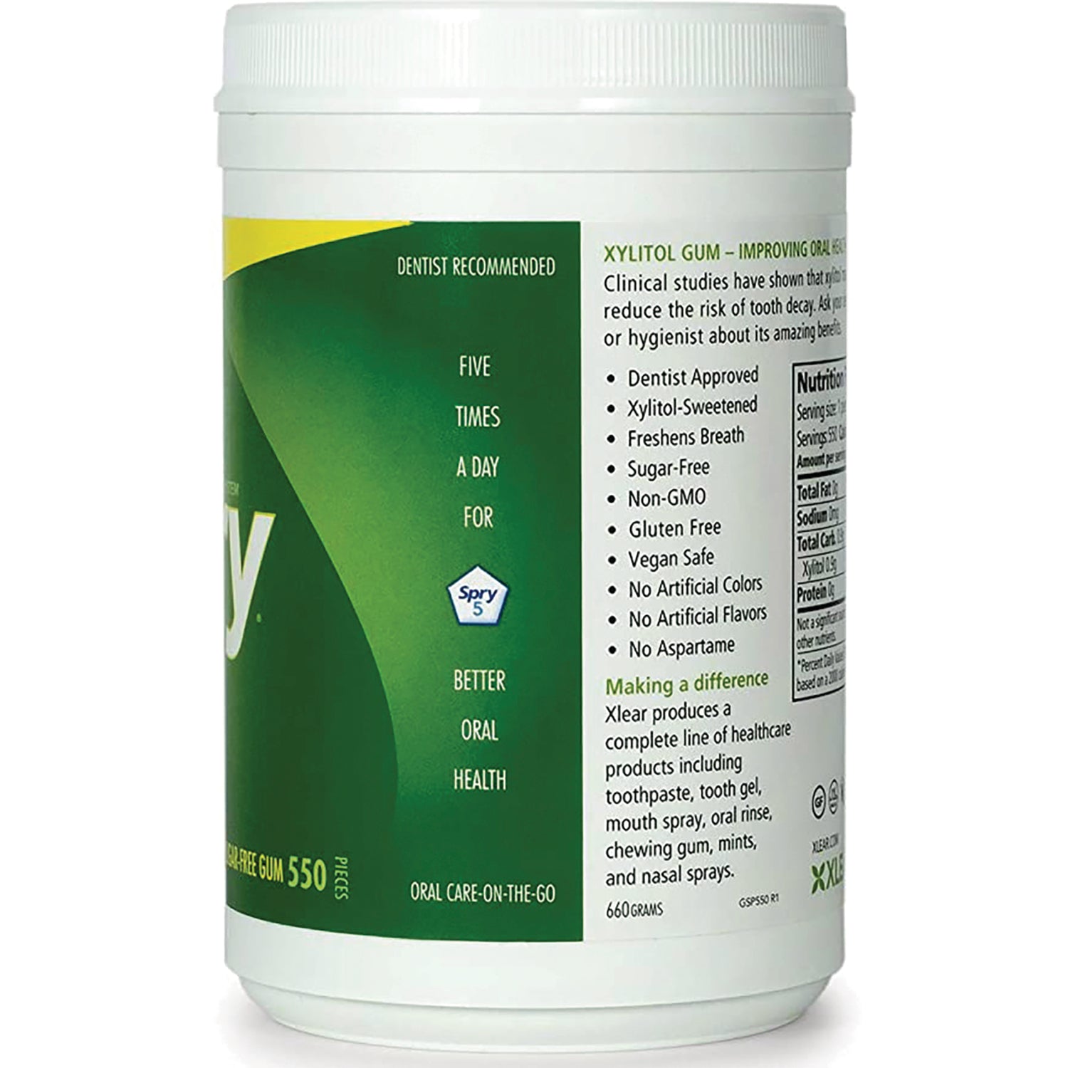 XL039 | Spry Xylitol Gum canister side showing benefits list: Dentist Approved, Sugar-Free, Non-GMO, Gluten Free, Vegan Safe