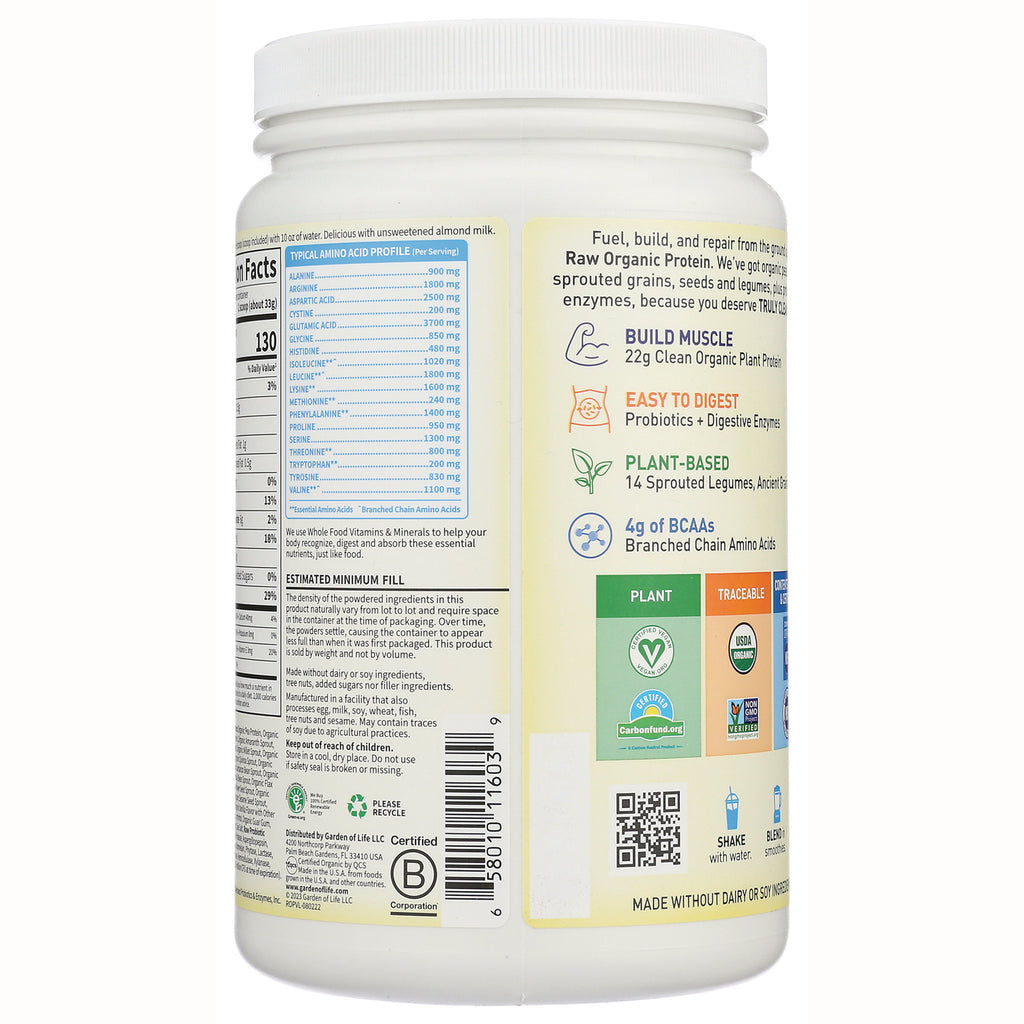 GLF145 | Back of protein powder tub showing nutrition facts, amino acid profile, barcode, QR code, and benefit icons - Thumbnail