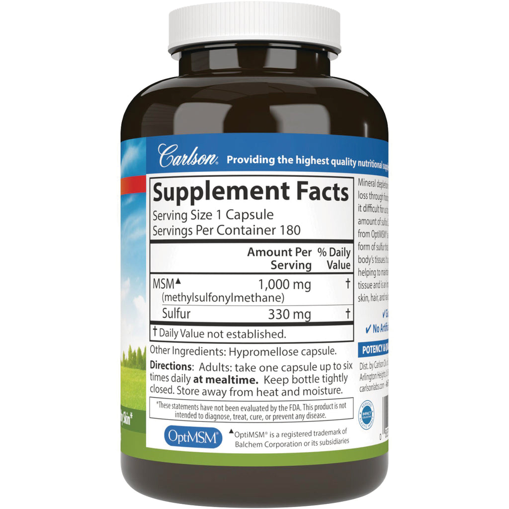 CSN225 | Back of supplement bottle showing Supplement Facts panel with MSM 1,000 mg and Sulfur 330 mg, serving size 1 capsule, directions - Thumbnail