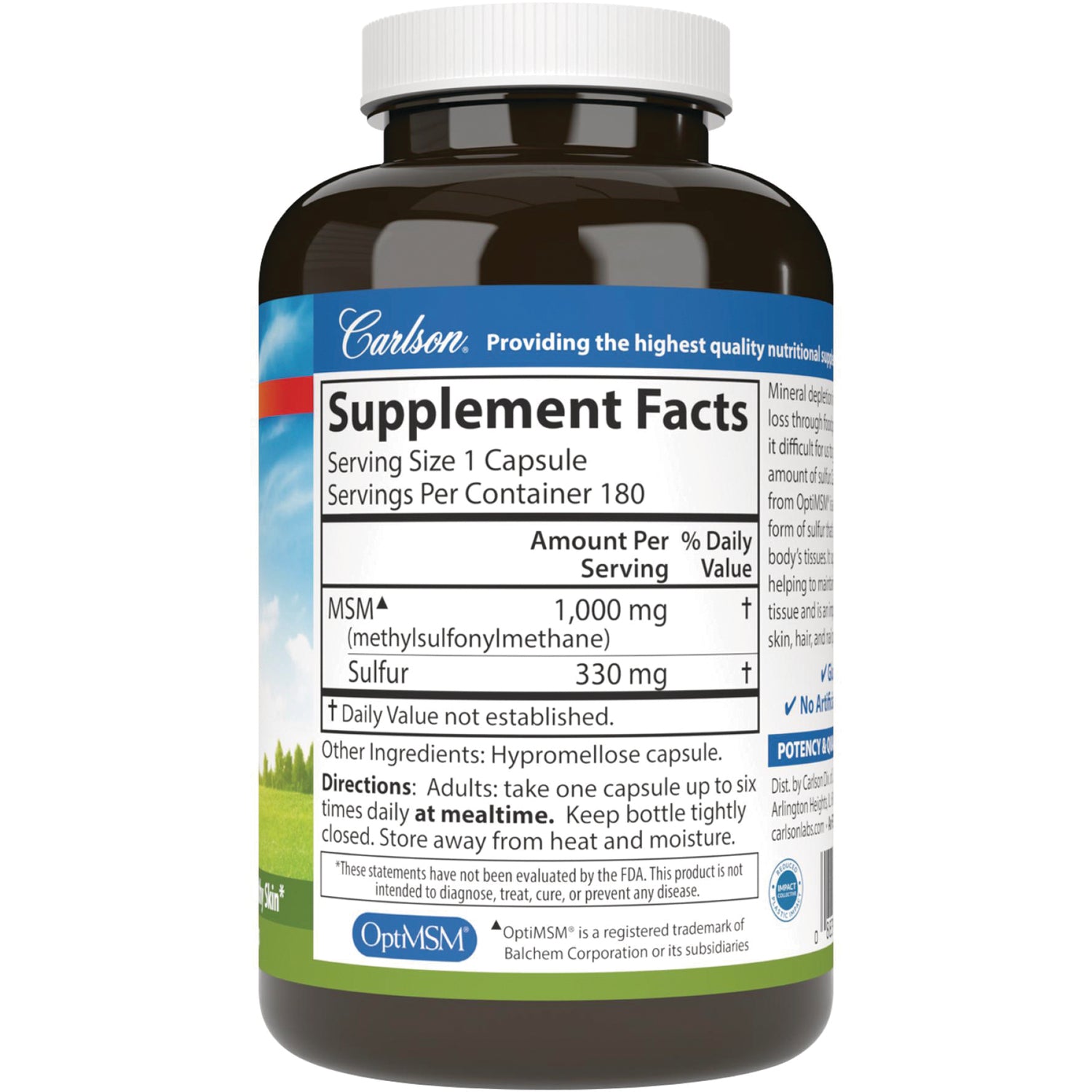 CSN225 | Back of supplement bottle showing Supplement Facts panel with MSM 1,000 mg and Sulfur 330 mg, serving size 1 capsule, directions