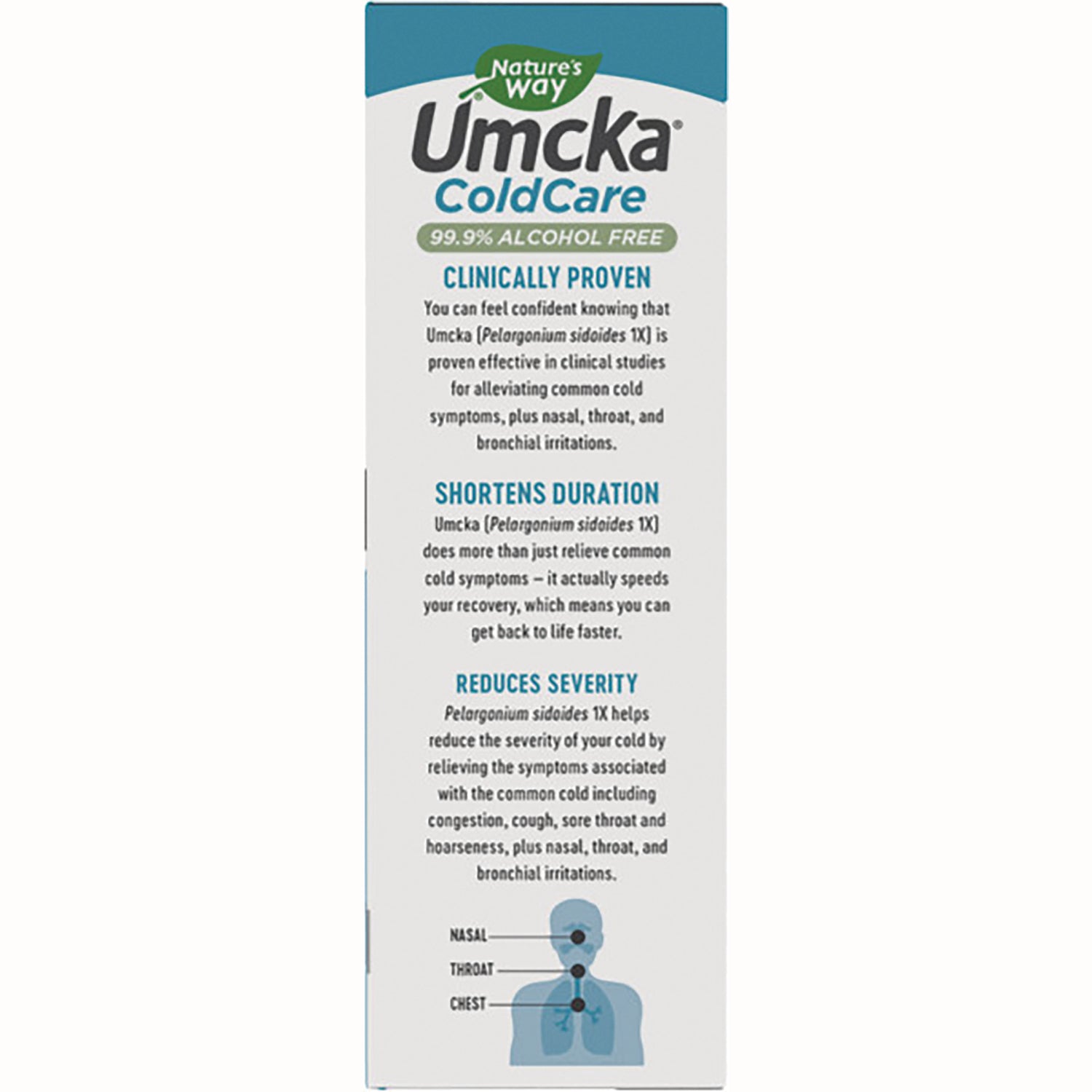 NW746 | Back of Umcka ColdCare box showing clinical claims, benefit headings and a small body diagram
