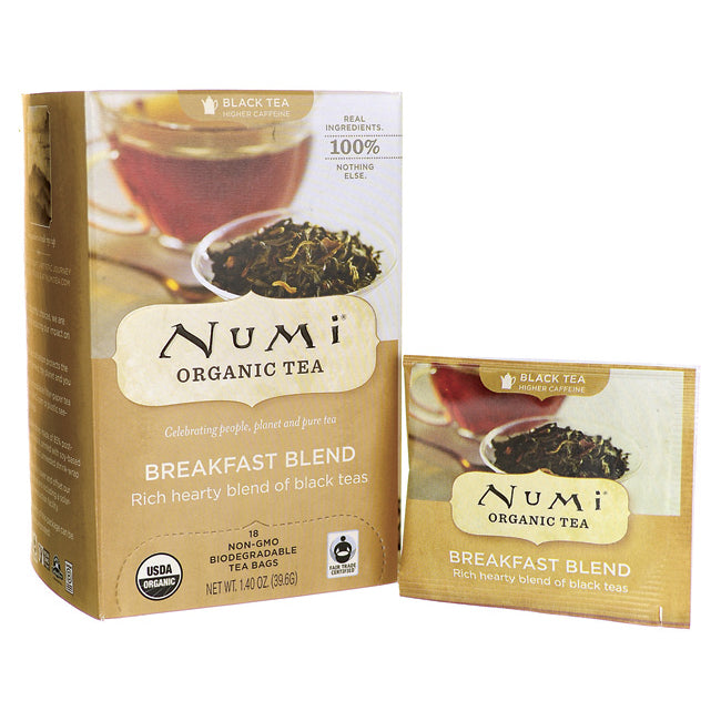 NUM008 | Numi Organic Tea Breakfast Blend box and single tea bag sachet front packaging
