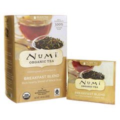 NUM008 | Numi Organic Tea Breakfast Blend box and single tea bag sachet front packaging