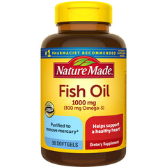 NTM033 | Nature Made Fish Oil 1000 mg bottle, 90 softgels, yellow label reading purified to remove mercury and helps support a healthy heart