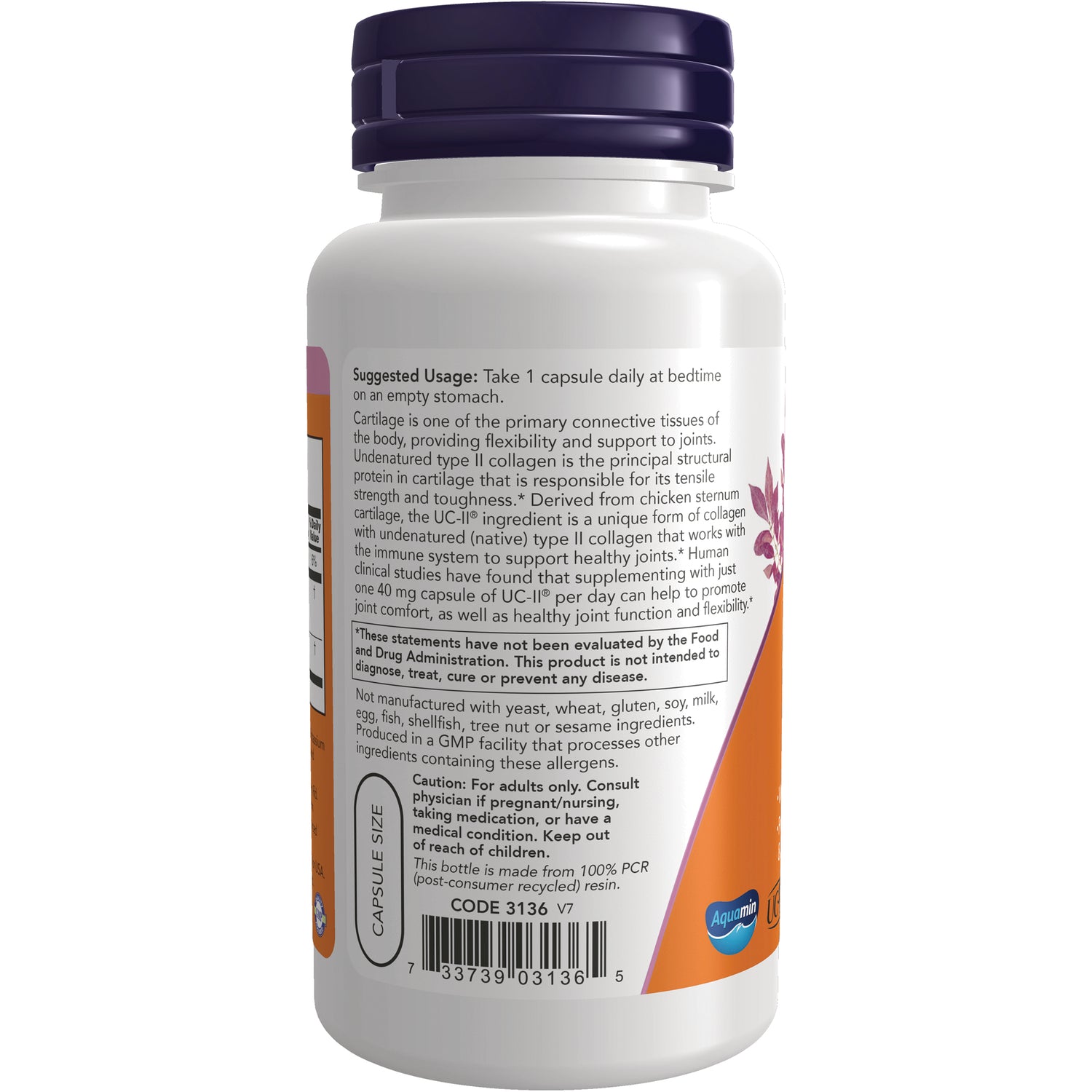 NWF1314 | Back label of white supplement bottle showing suggested usage instructions, caution text, and barcode