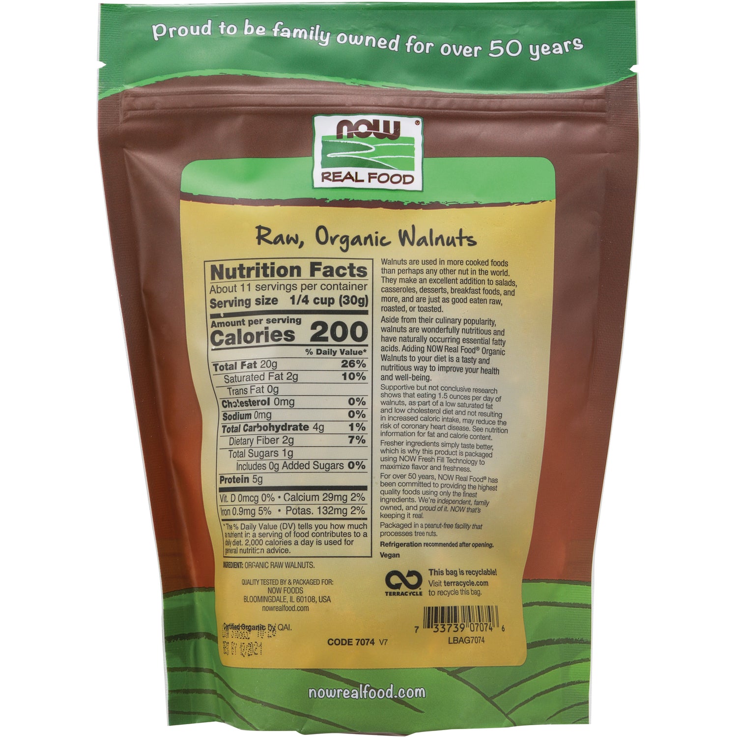 NWF920 | Back of NOW Real Food Raw, Organic Walnuts pouch showing Nutrition Facts panel and barcode