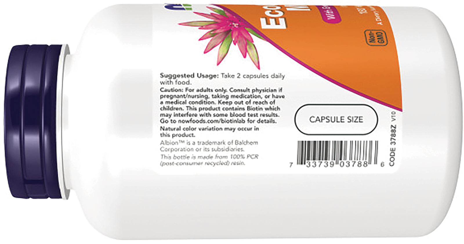 NWF304 | product infographic showing back label with suggested usage text, barcode, and capsule size callout