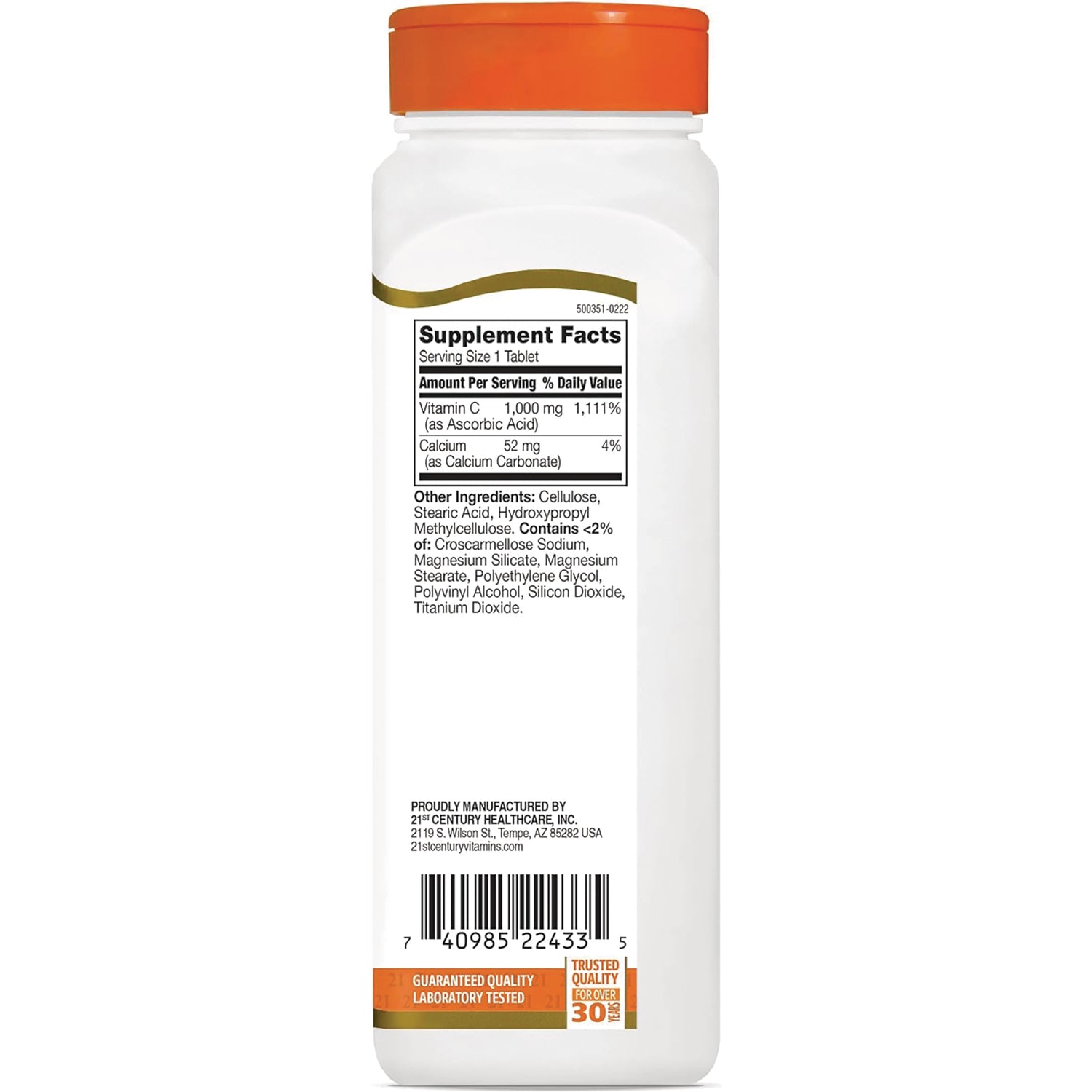 CNT172 | Supplement Facts panel and ingredient list on back of white supplement bottle with orange cap