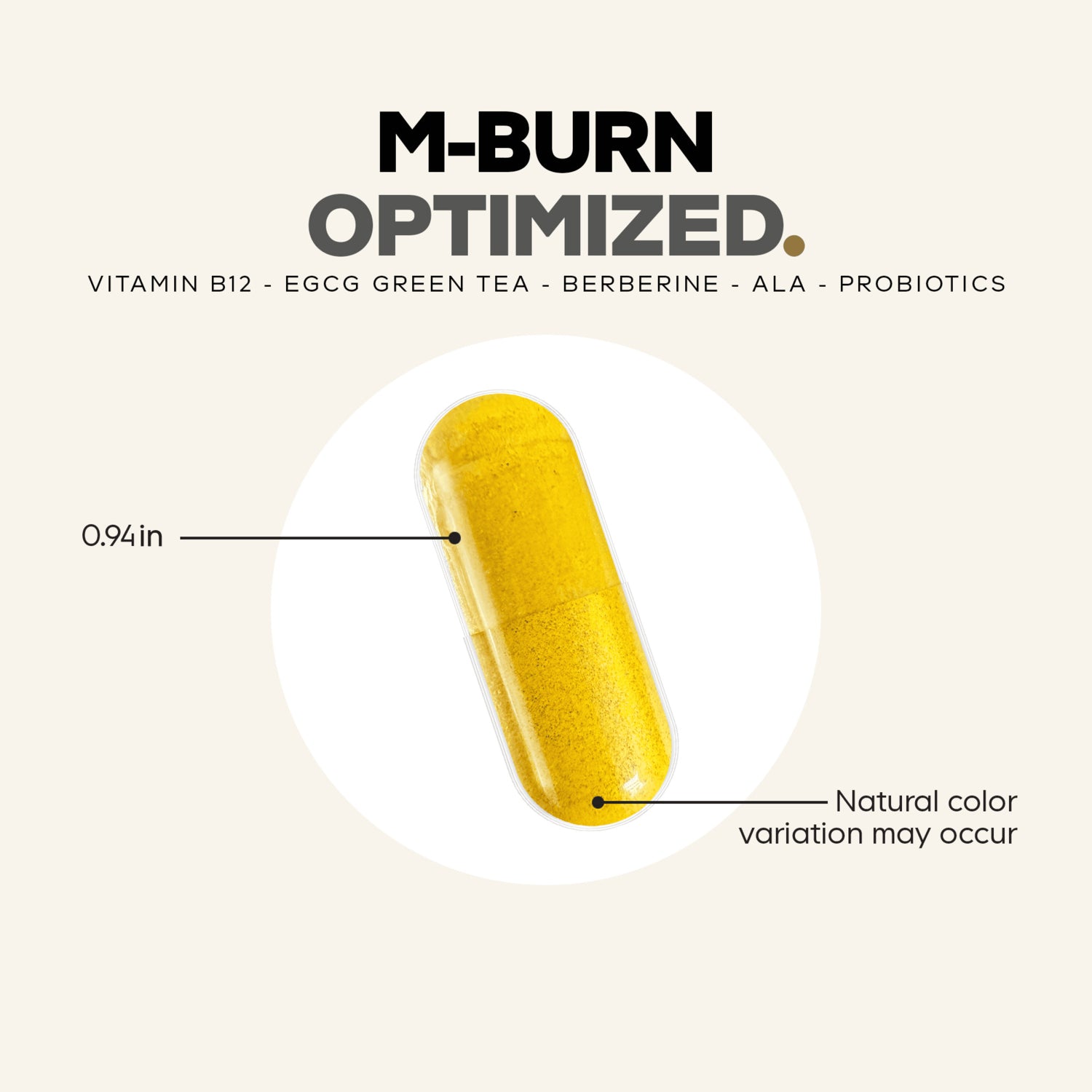 CDG036 | M-Burn Optimized capsule infographic with ingredients and natural color variation note