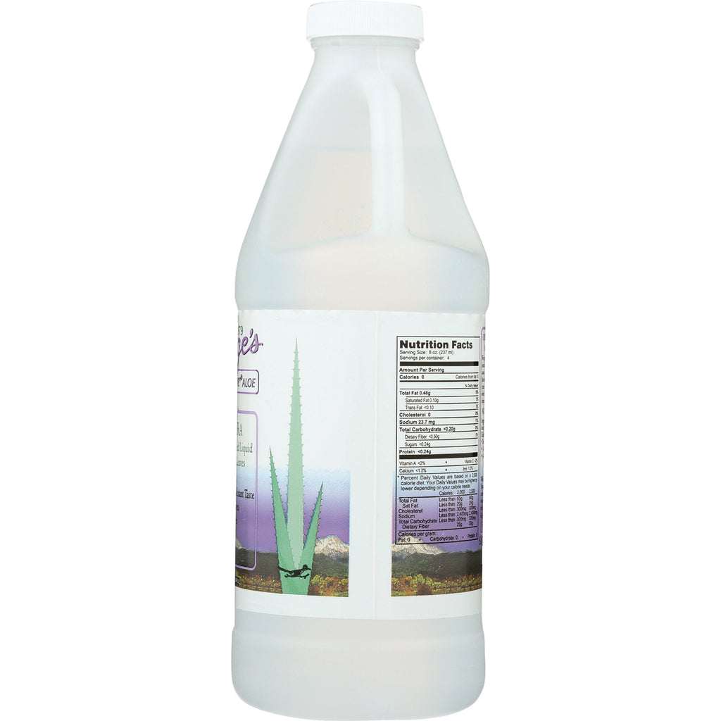 Back label of a gallon bottle showing nutrition facts panel and aloe plant illustration - Thumbnail