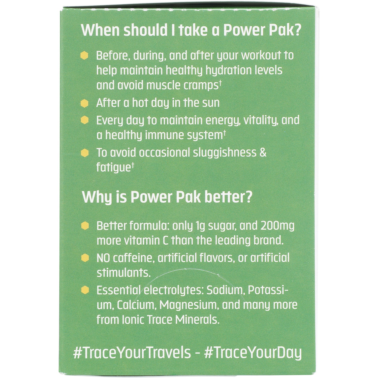 TM013 | Back panel text: When should I take a Power Pak?, benefits, usage tips, #TraceYourTravels #TraceYourDay