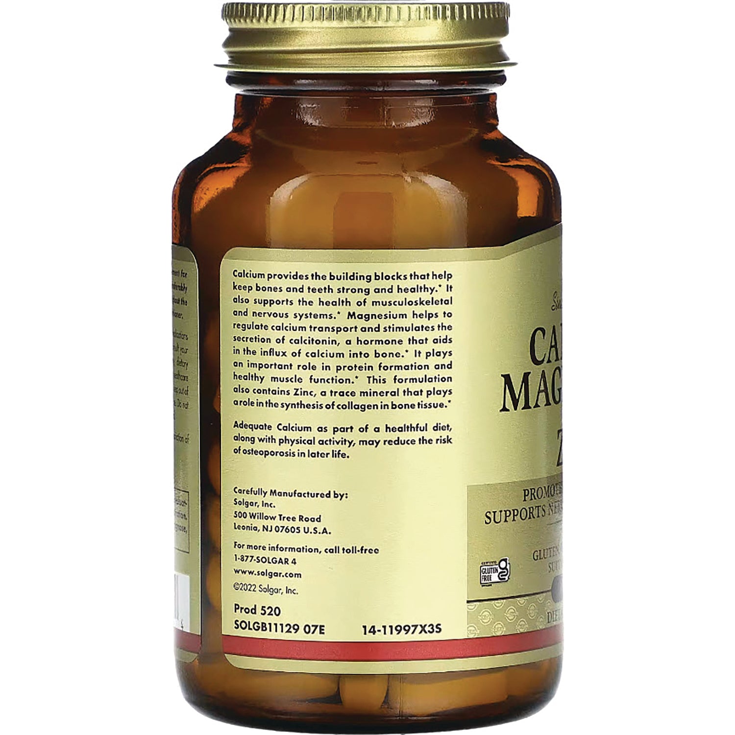 SLG265 | back label of amber supplement bottle with beige product infographic text and pills visible