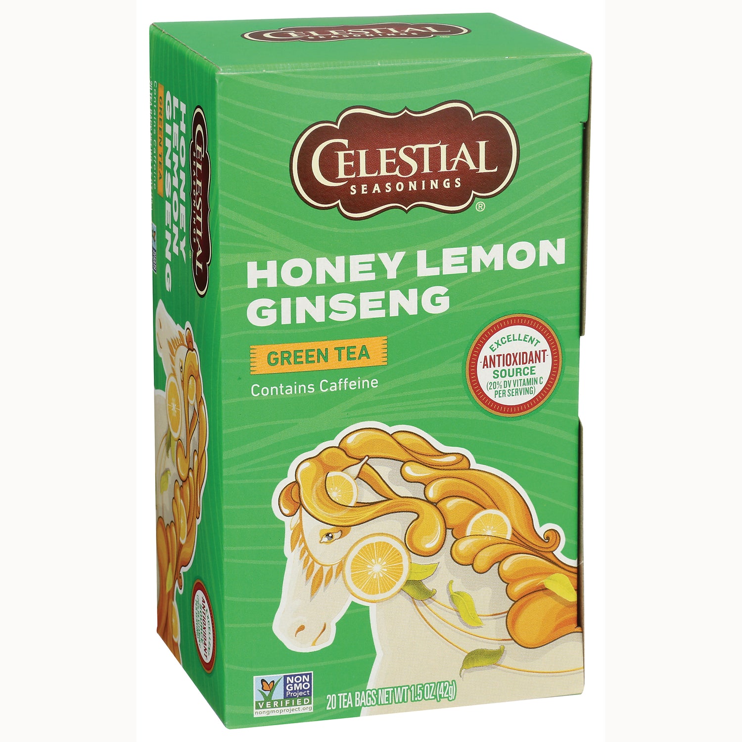 CEL020 | Celestial Seasonings Honey Lemon Ginseng green tea box with lemon artwork and contains caffeine