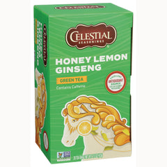 CEL020 | Celestial Seasonings Honey Lemon Ginseng green tea box with lemon artwork and contains caffeine