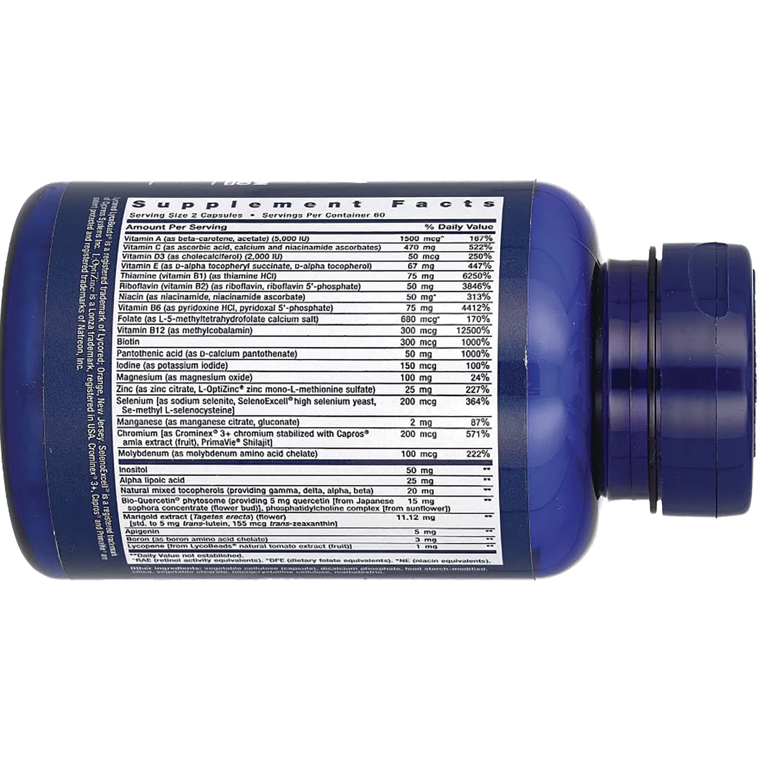 LE562 | Blue supplement bottle on its side showing Supplement Facts panel and ingredients on back label