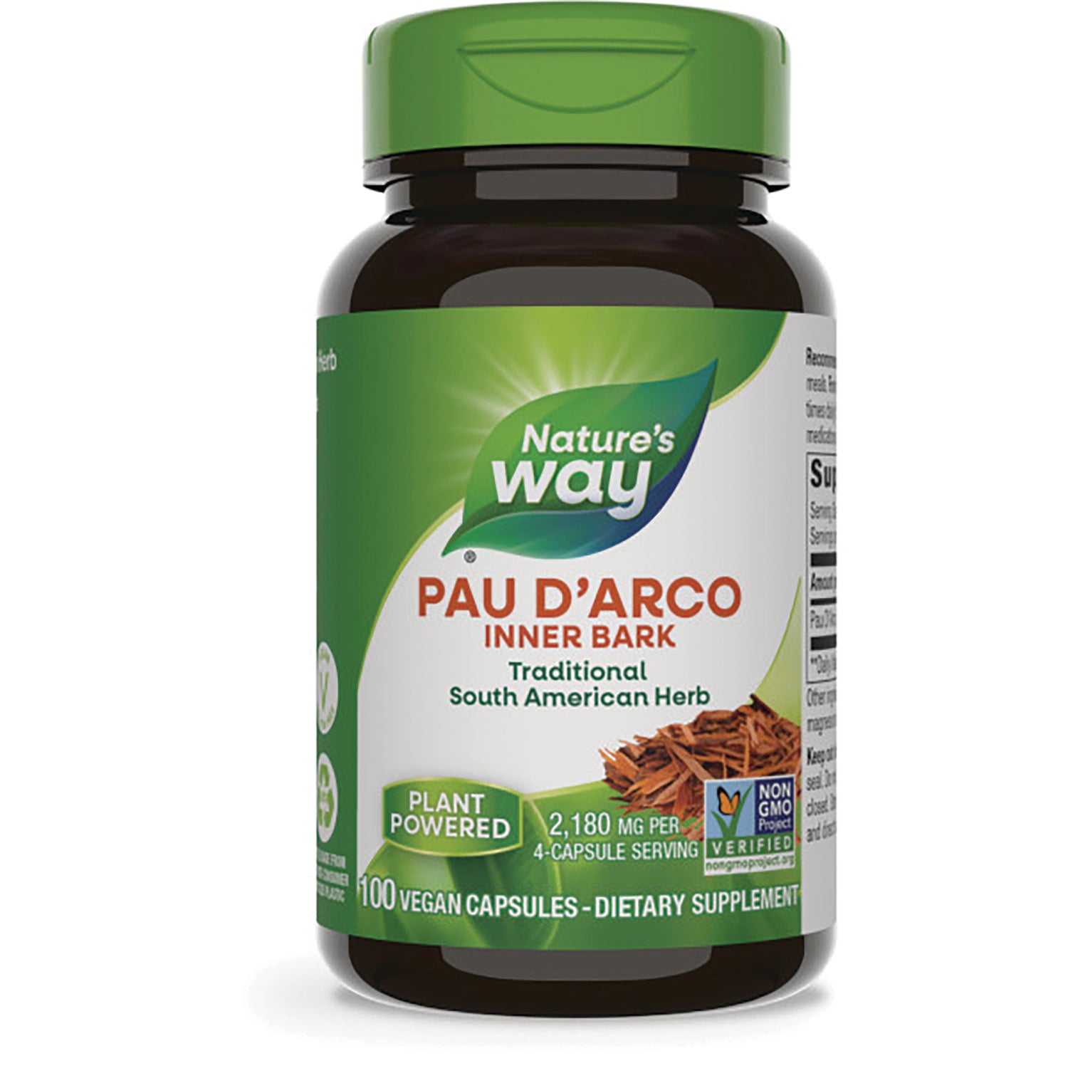 NW159 | Nature's Way Pau D'Arco inner bark supplement bottle showing 100 vegan capsules and plant powered label