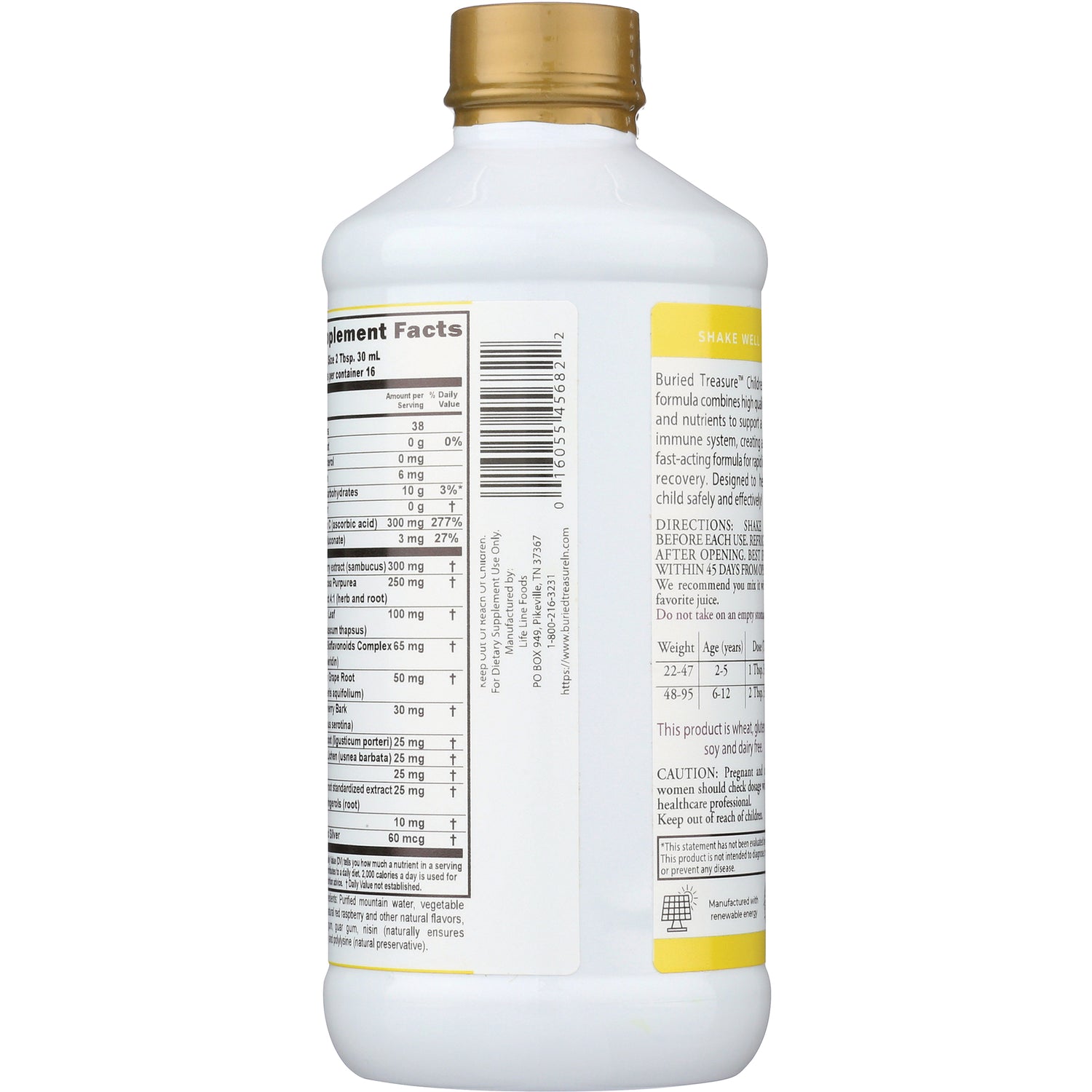 BTR016 | Back of white supplement bottle showing Supplement Facts panel, barcode, directions and gold cap