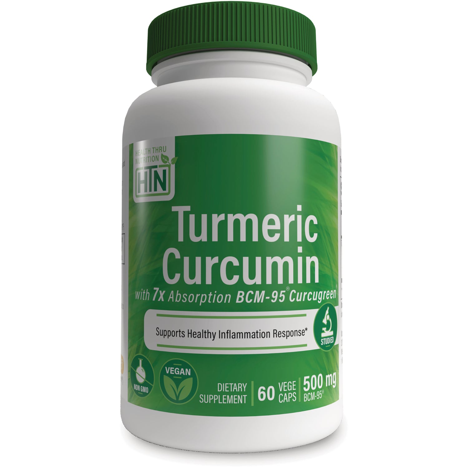 HTN013 | Front view of Turmeric Curcumin supplement bottle labeled 60 vege caps 500 mg vegan non-GMO