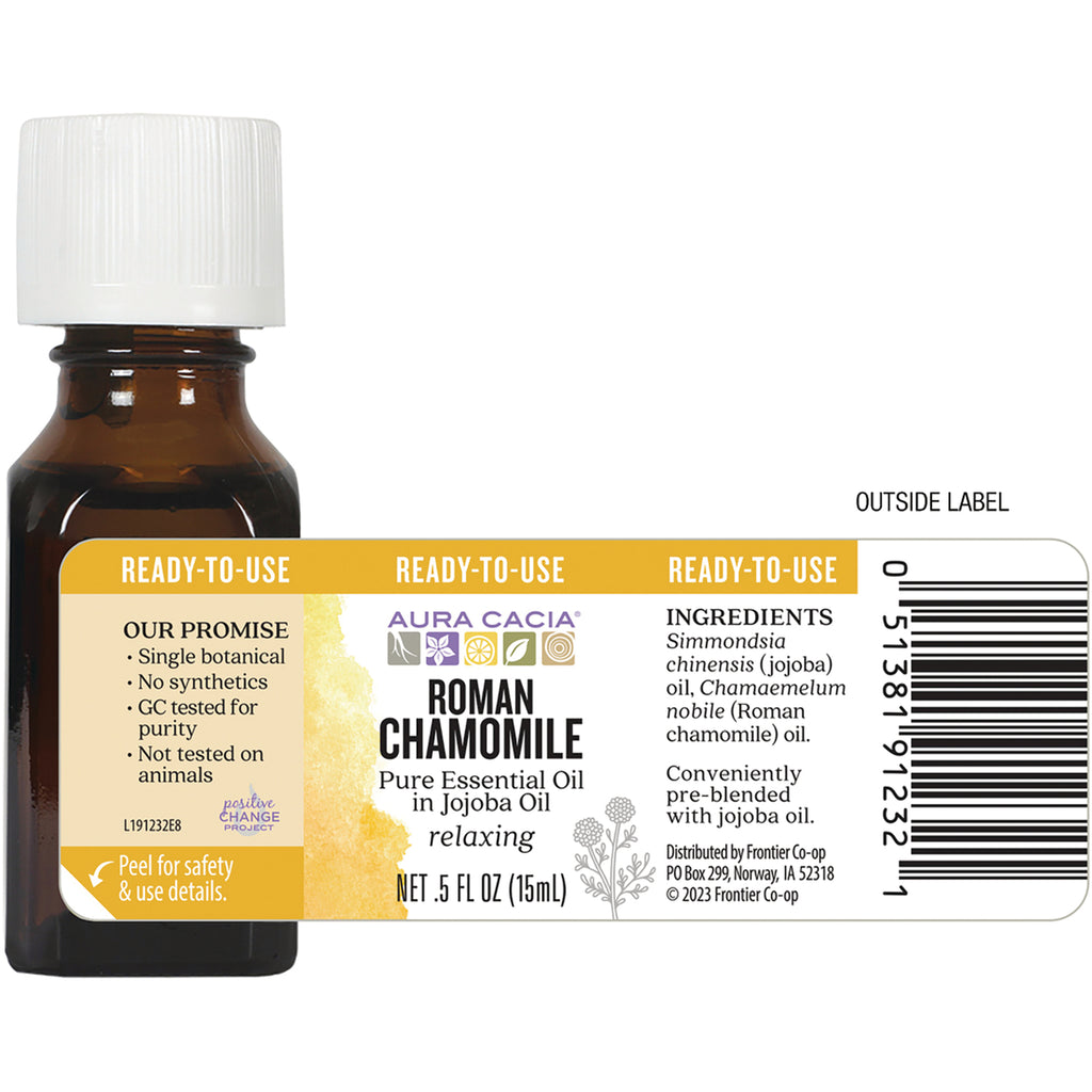 ARC231 | Back label of Roman Chamomile pure essential oil in jojoba oil bottle showing ingredients, product promise, NET .5 FL OZ (15mL) and barcode - Thumbnail