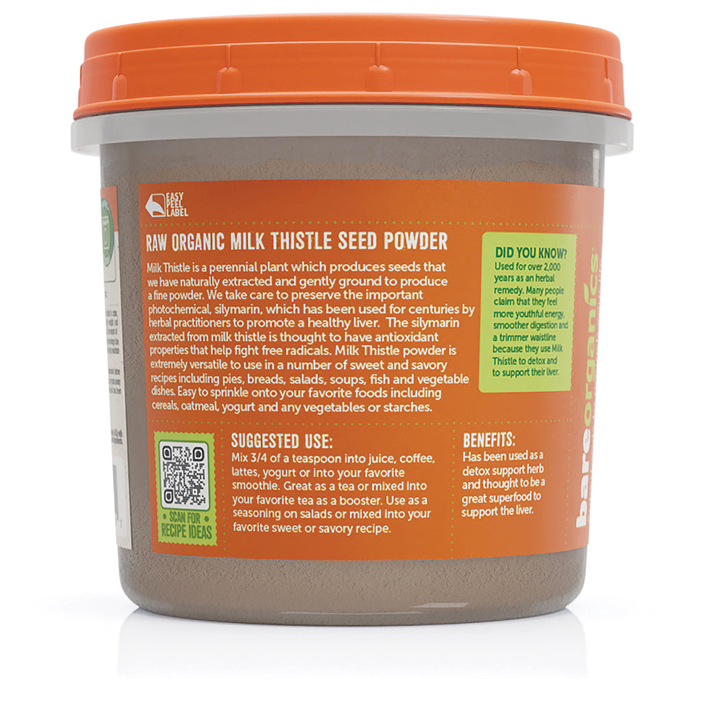BOR027 | back label of tub reading RAW ORGANIC MILK THISTLE SEED POWDER with suggested use, benefits and QR code - Thumbnail