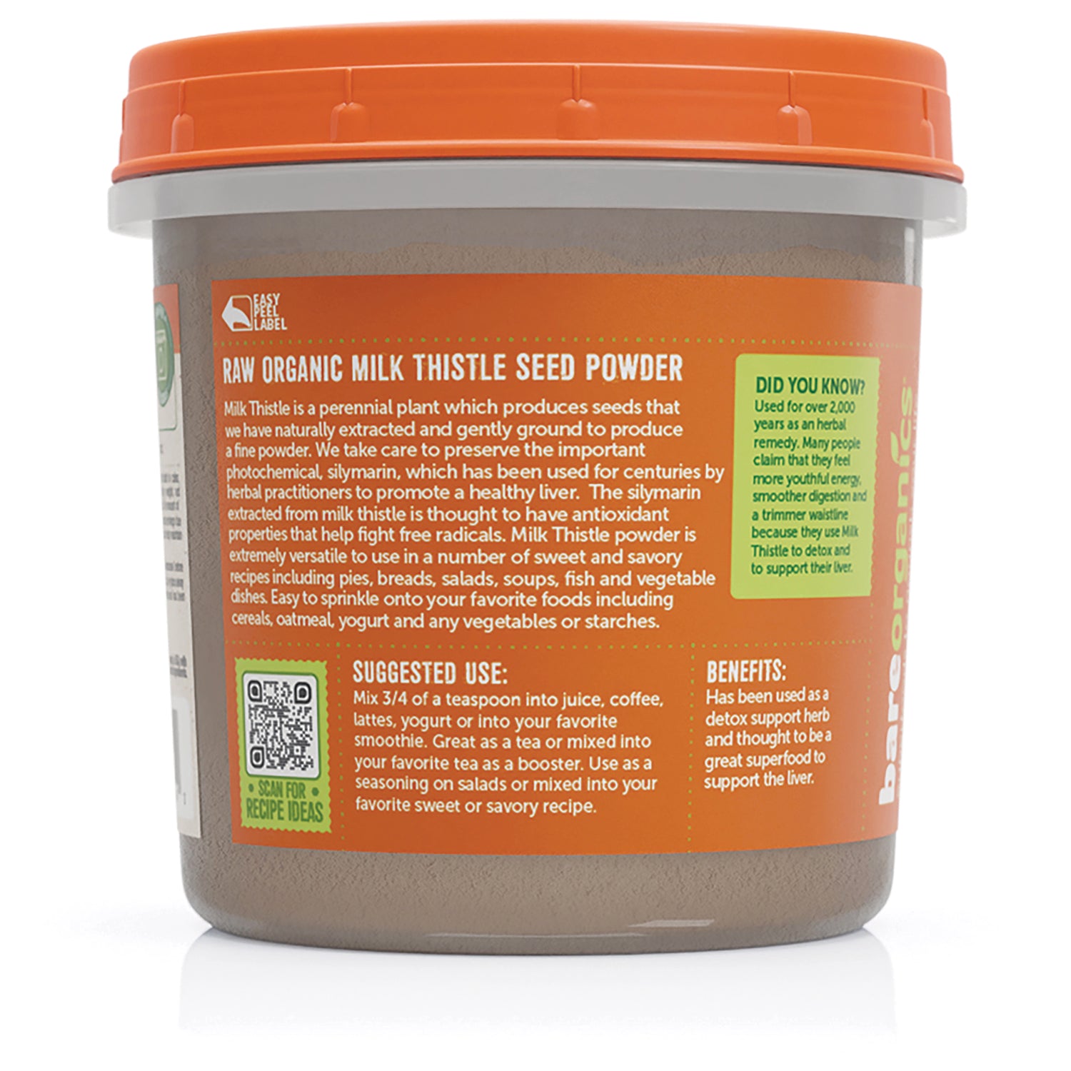 BOR027 | back label of tub reading RAW ORGANIC MILK THISTLE SEED POWDER with suggested use, benefits and QR code
