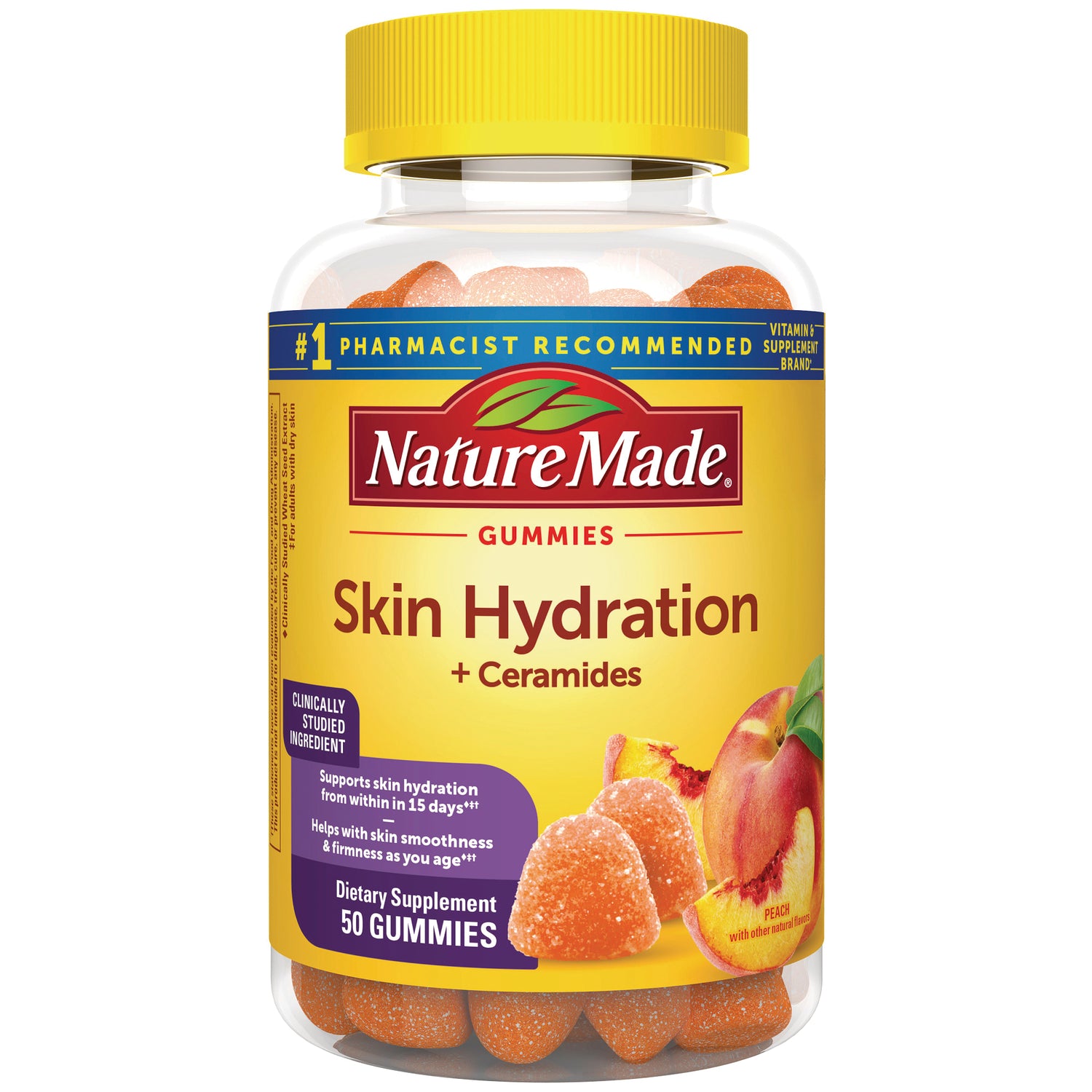 NTM187 | Nature Made Skin Hydration gummies bottle, peach flavor, 50 gummies