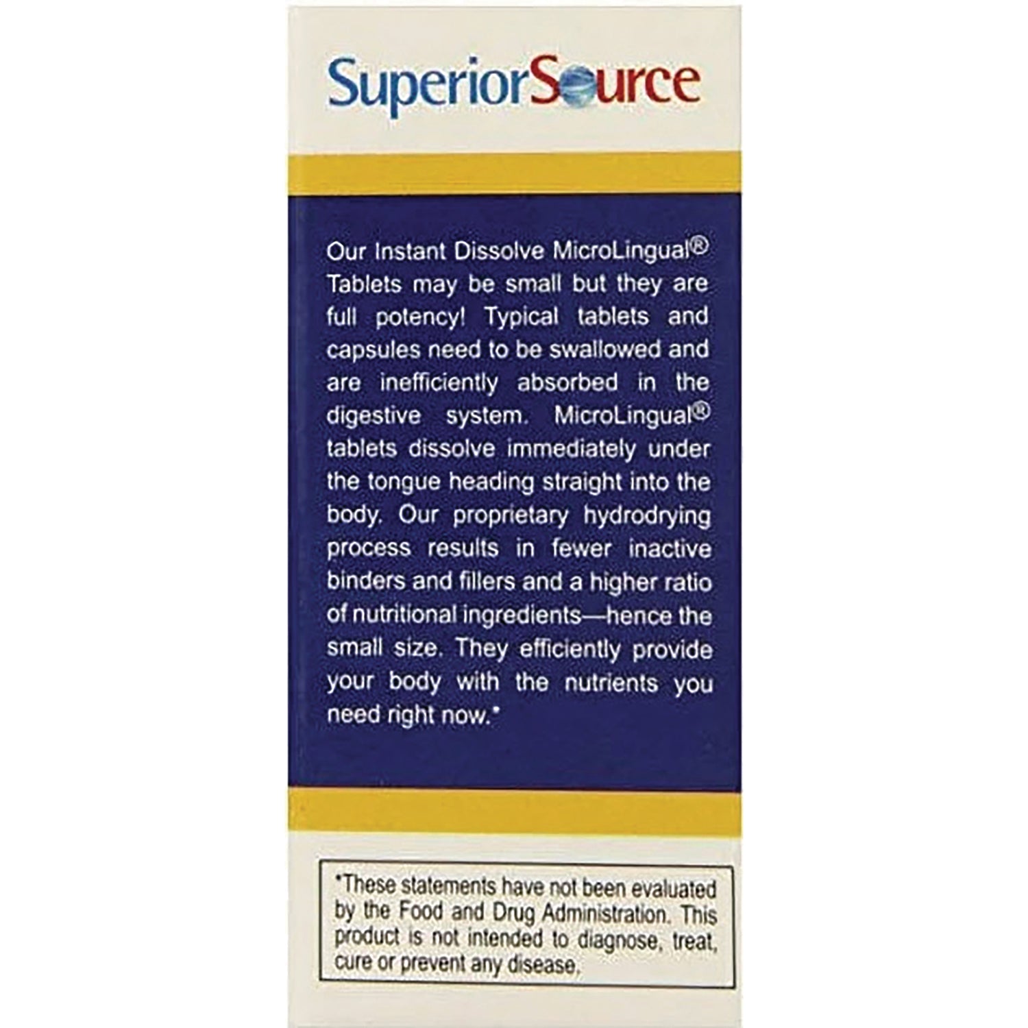 SUS019 | Superior Source panel on Instant Dissolve MicroLingual tablets with benefits and FDA disclaimer