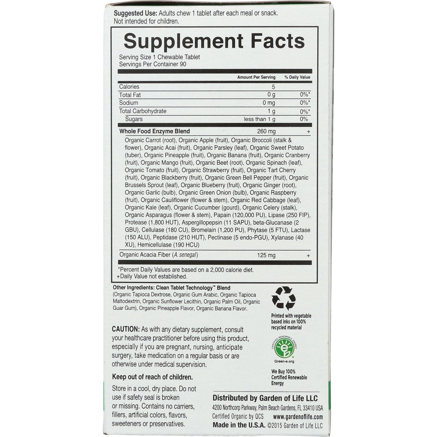 GLF206 | Supplement Facts panel and ingredient list on back of Garden of Life supplement box