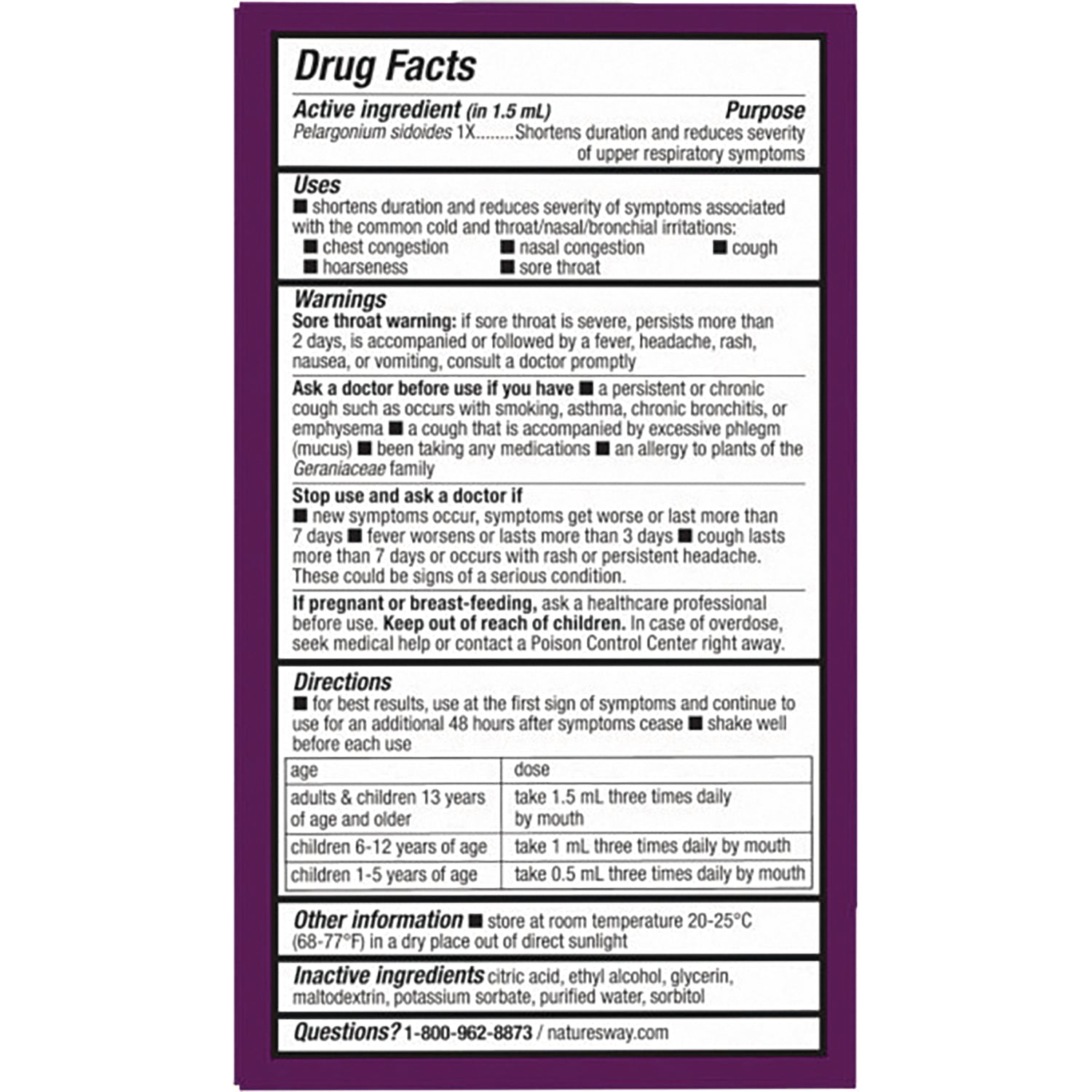 NW582 | back label showing Drug Facts with uses, warnings, directions, and inactive ingredients on purple-bordered packaging