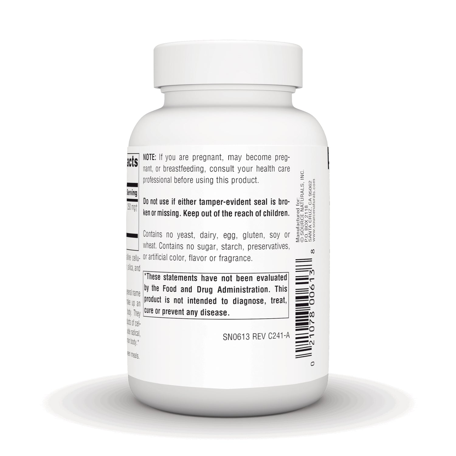 SN679 | Supplement bottle back label with warnings, FDA disclaimer, and barcode