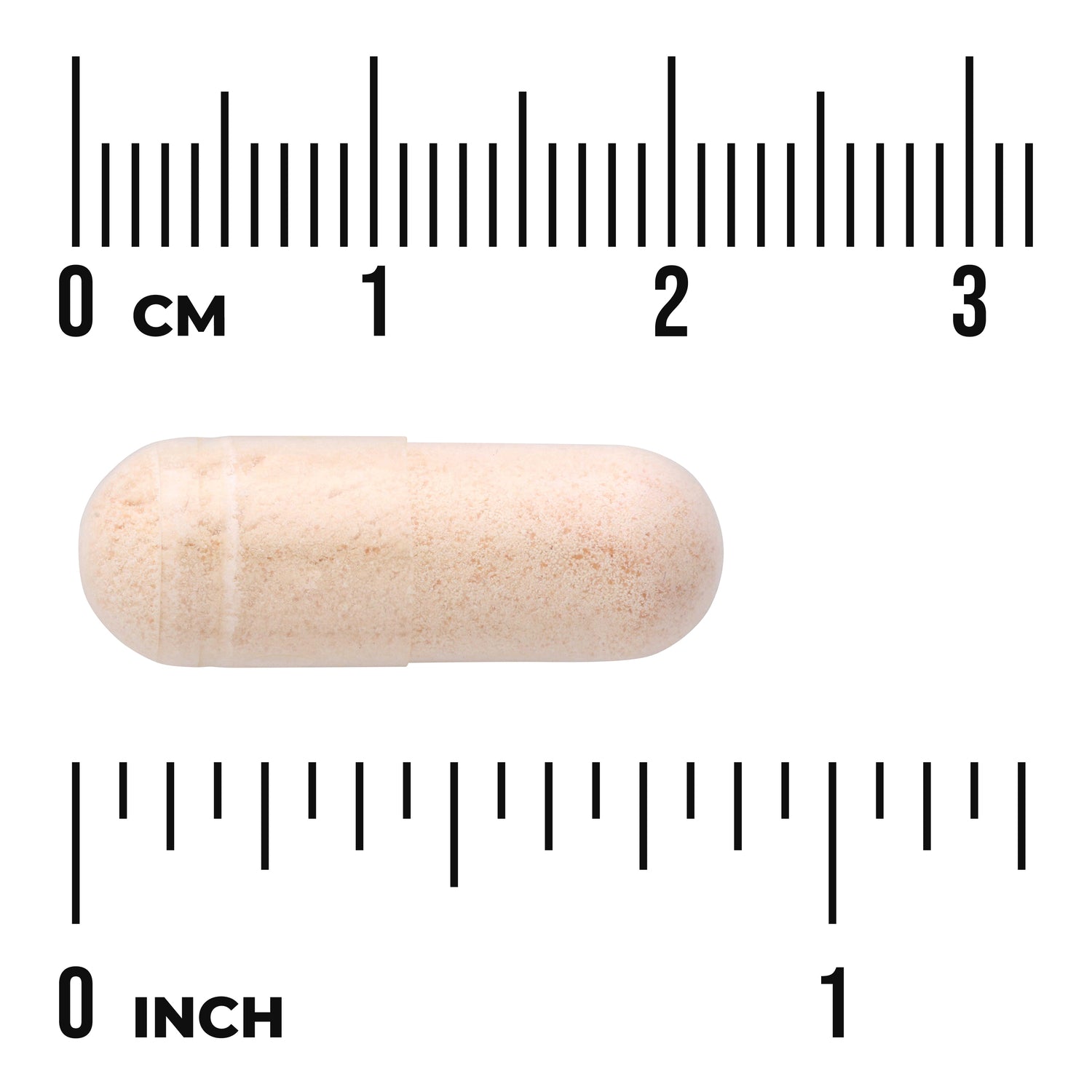 SWU119 | Beige powder-filled capsule shown against cm and inch rulers for size reference