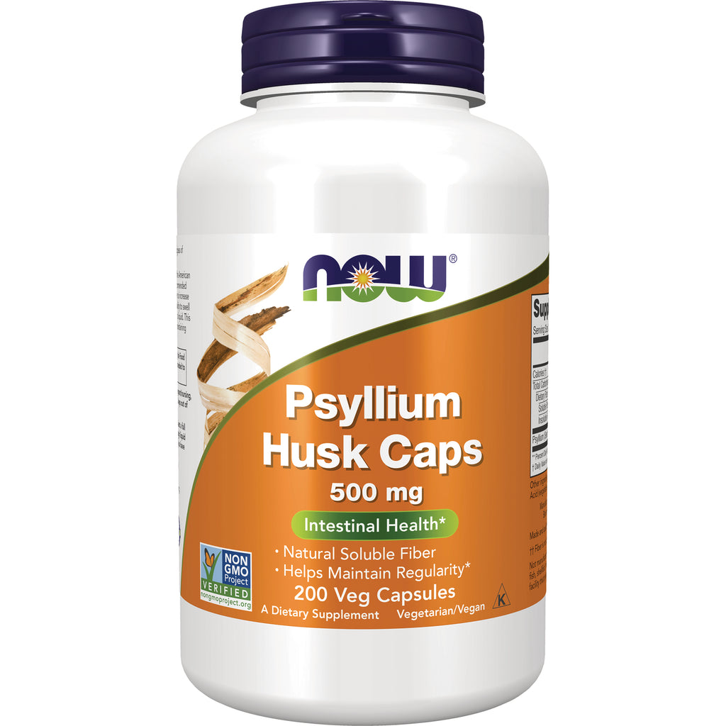 NWF566 | NOW Psyllium Husk Caps 500 mg white bottle with orange label, 200 veg capsules - Thumbnail