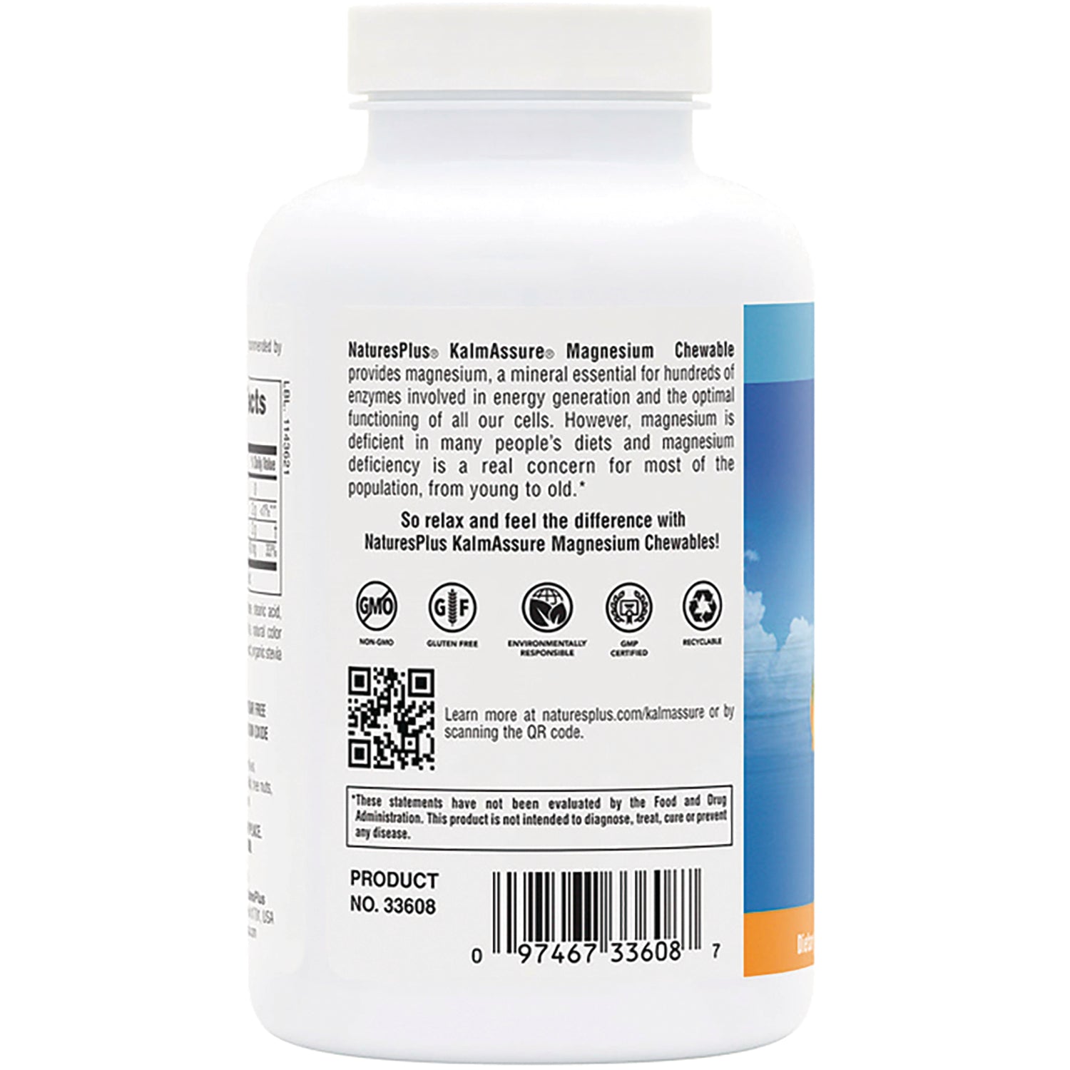 NTP346 | Back label of white supplement bottle showing product text, certification icons, QR code and barcode