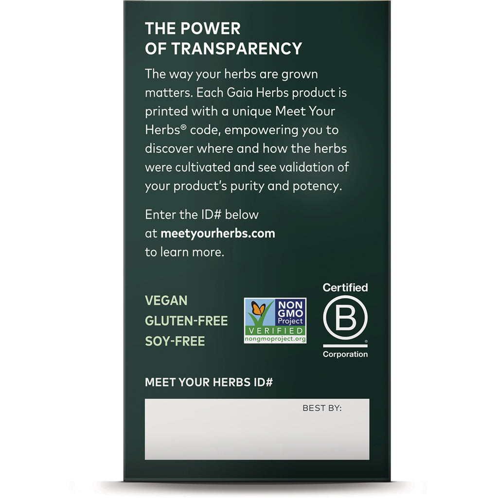 GH156 | Back panel with transparency text, vegan gluten-free soy-free badges, Non-GMO and Certified B logos and Meet Your Herbs ID box - Thumbnail